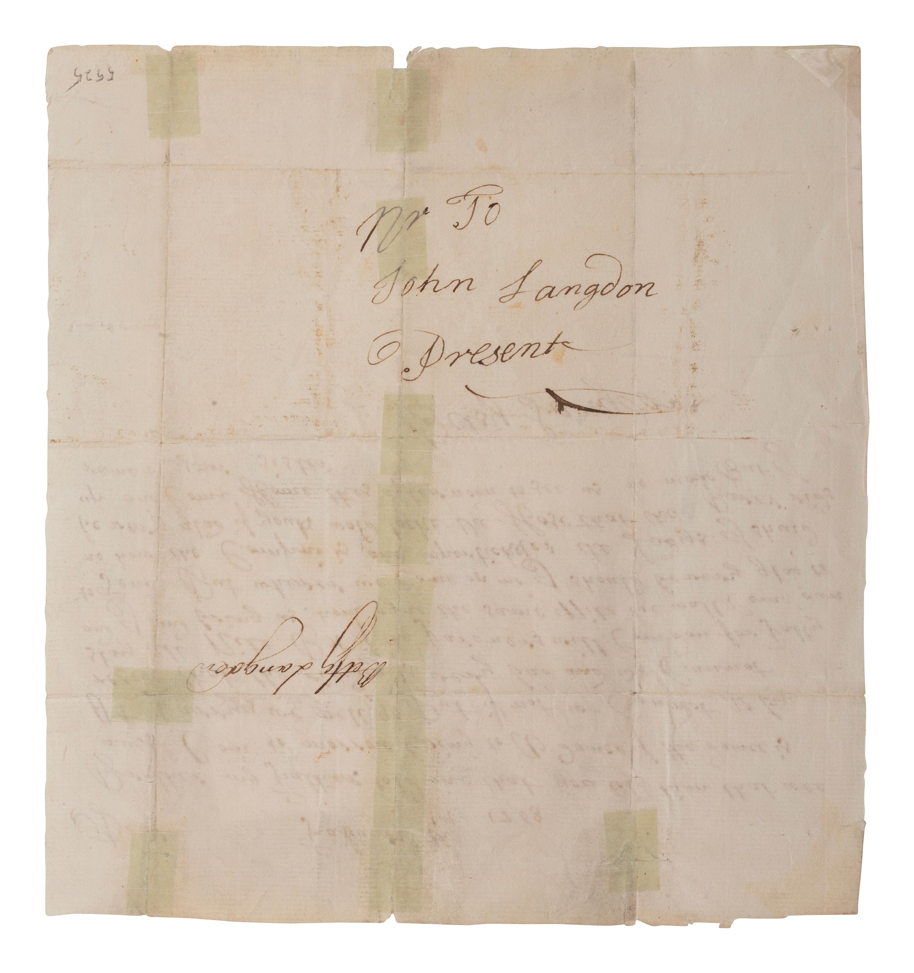 [SIGNER]. LANGDON, John (1741-1819). Letter signed ("John Langdon"). Portsmouth, NH. 16 July 1762. [ With: ] LANGDON, Betsy. ALS 1763.