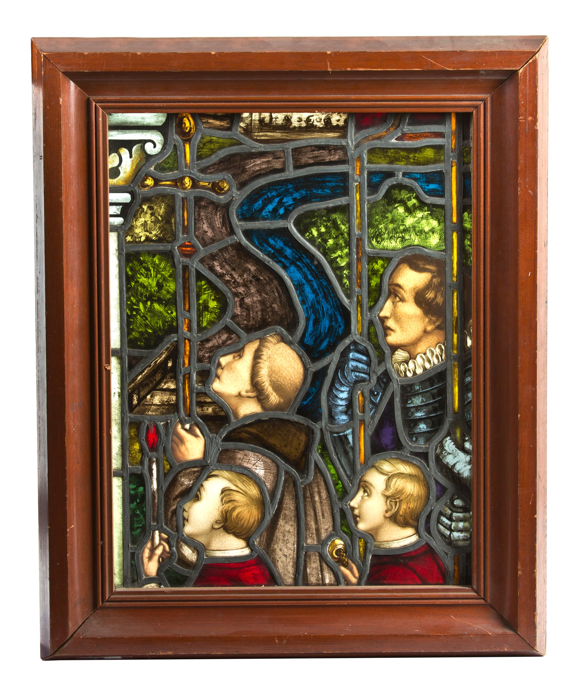 A Continental Leaded and Stained Glass Window, Height 23 3/4 x width 18 inches.