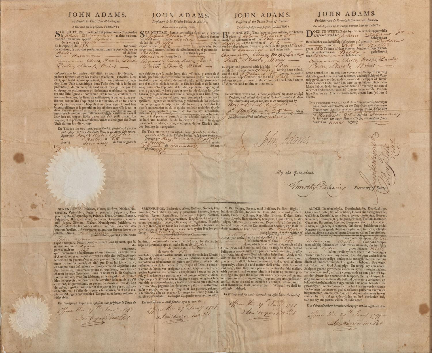 ADAMS, John (1735-1826). Partly printed document signed (“John Adams”), as President, countersigned by Timothy Pickering as Secretary of State, 1799.