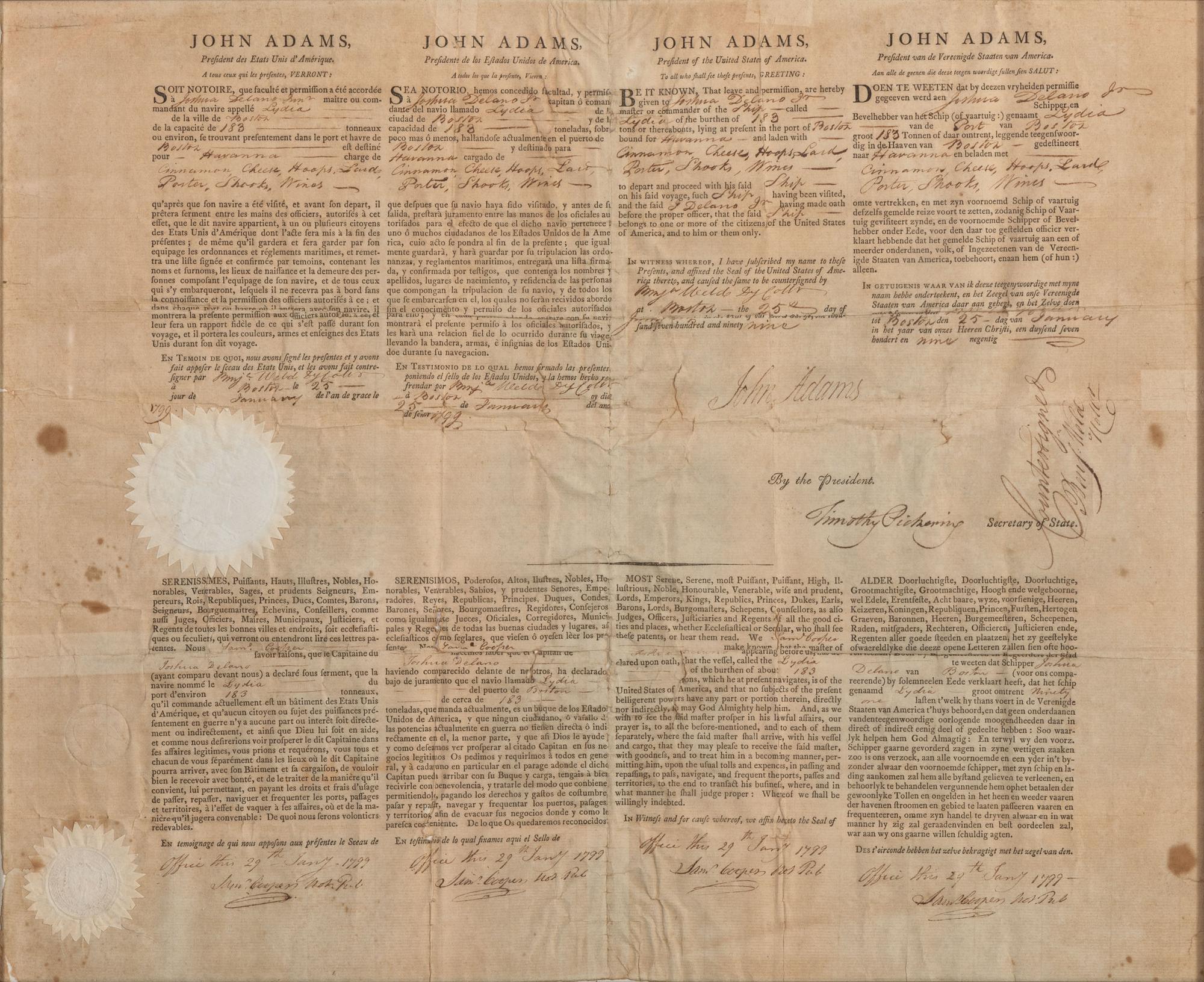 ADAMS, John (1735-1826). Partly printed document signed (“John Adams”), as President, countersigned by Timothy Pickering as Secretary of State, 1799.