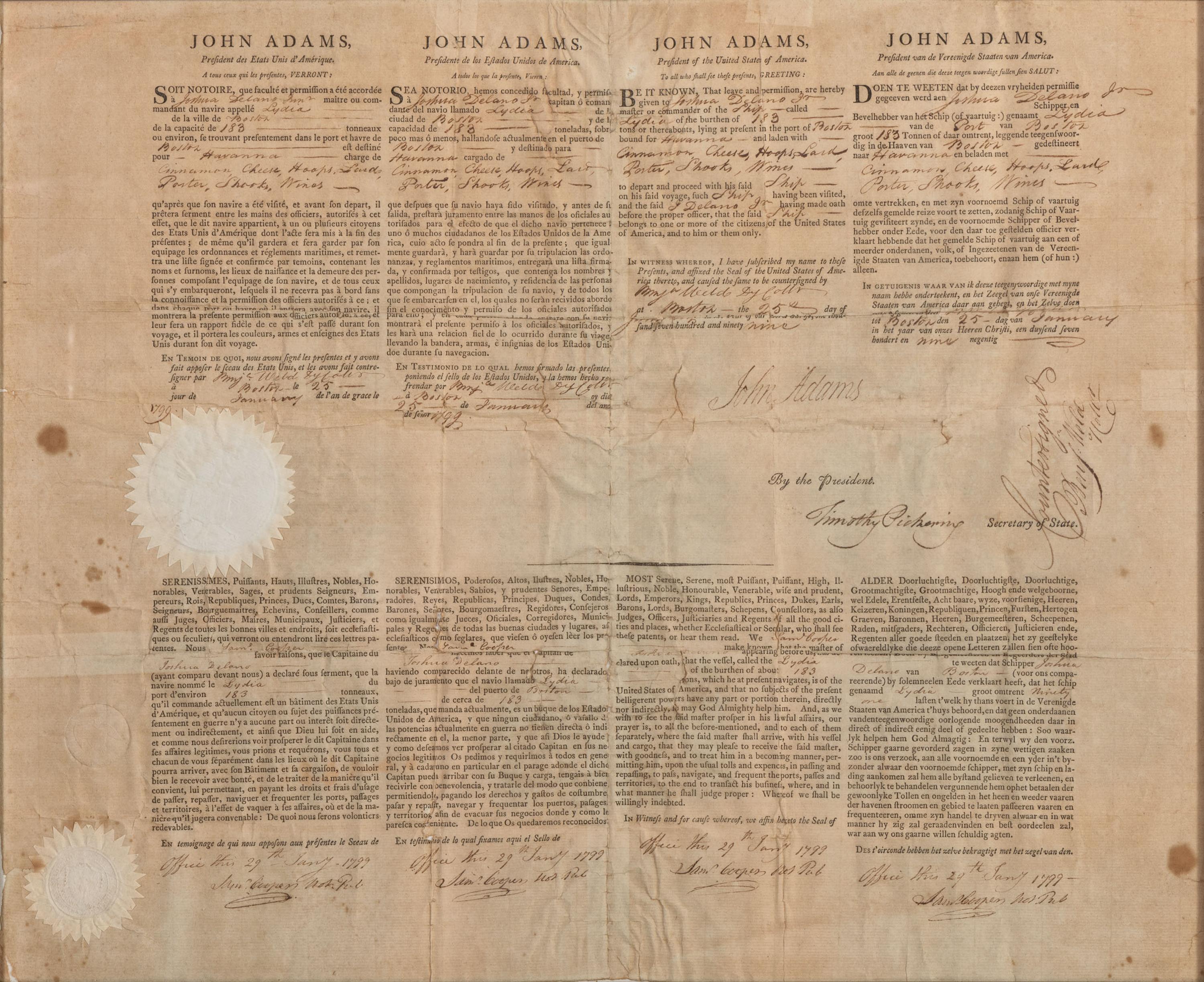 ADAMS, John (1735-1826). Partly printed document signed (“John Adams”), as President, countersigned by Timothy Pickering as Secretary of State, 1799.