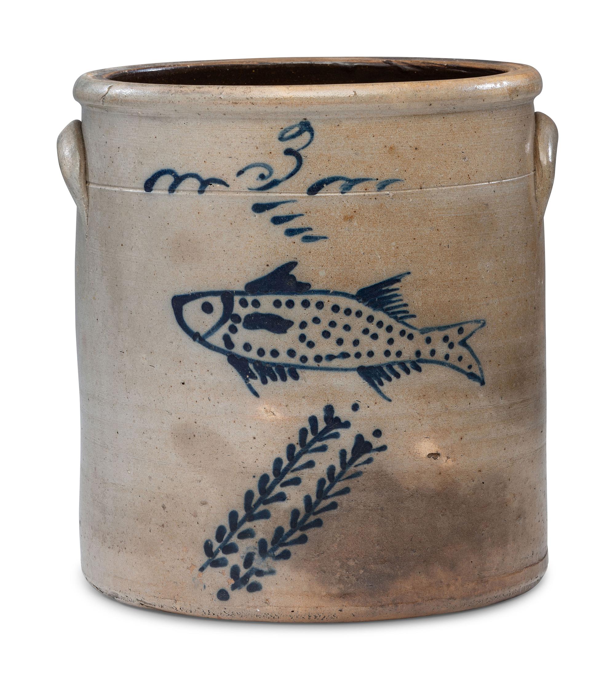 A P. H. Smith Three-Gallon Cobalt Decorated Stoneware 'Fish' Crock