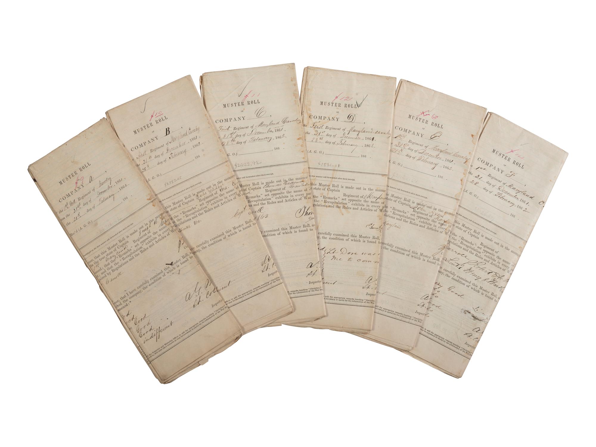 [CIVIL WAR]. A group of 6 muster rolls for 1st Maryland Cavalry, Companies A through F, each naming African American servants. 31 December 1861 through 28 February 1862.