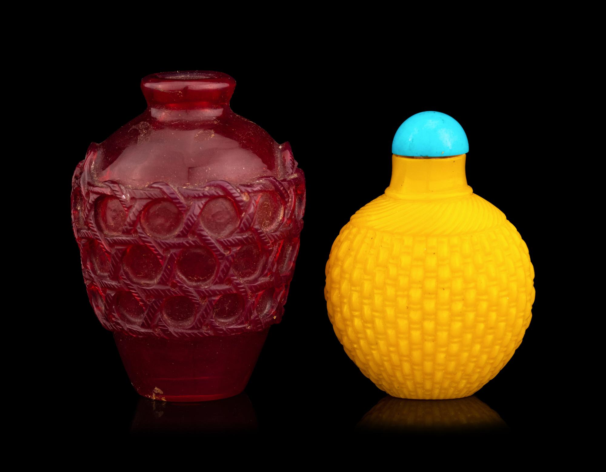 Two Chinese Peking Glass 'Basket-Weave' Snuff Bottles