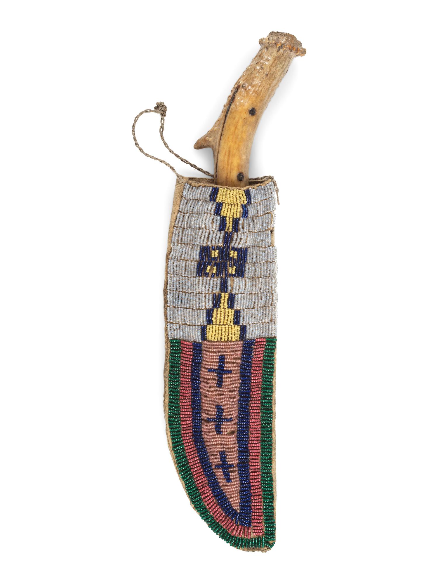 Sioux Beaded Buffalo Hide Knife Sheath, with Antler Handled Knife