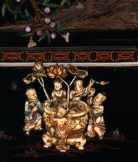 A Chinese Black and Cinnabar Lacquered and Hardstone Inlaid Hanging Screen