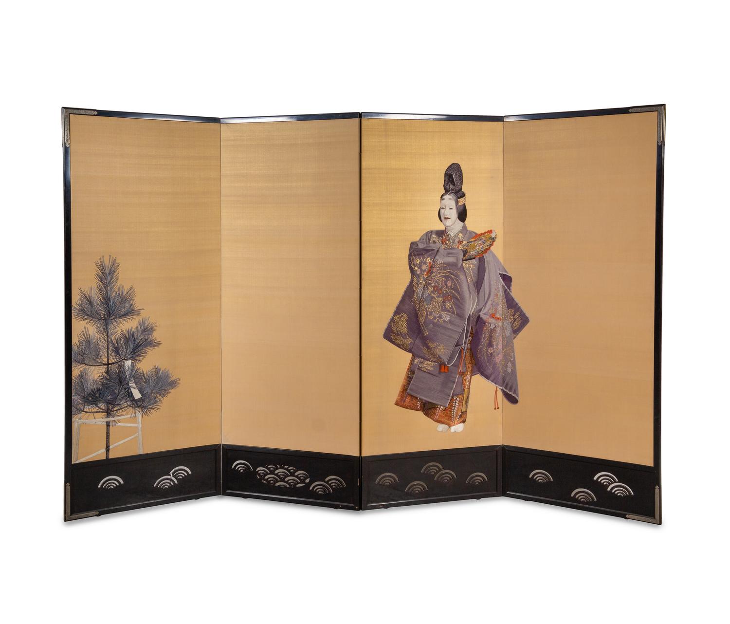 A Japanese Four-Panel Silk Embroidered Floor Screen