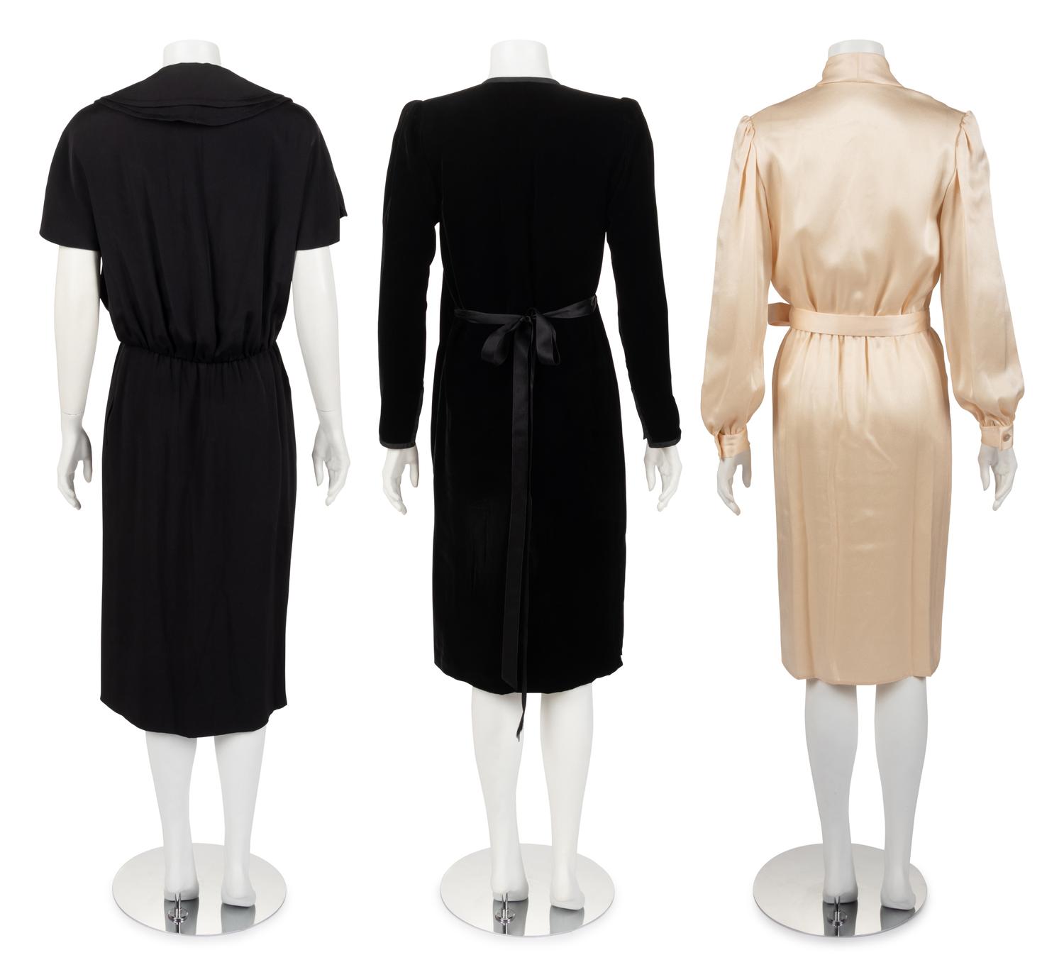 Three Designer Wrap Dresses: Two Galanos, One Yves Saint Laurent, 1980s