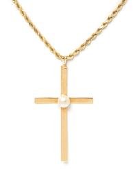 A Yellow Gold and Cultured Pearl Cross Pendant Necklace, 19.60 dwts.