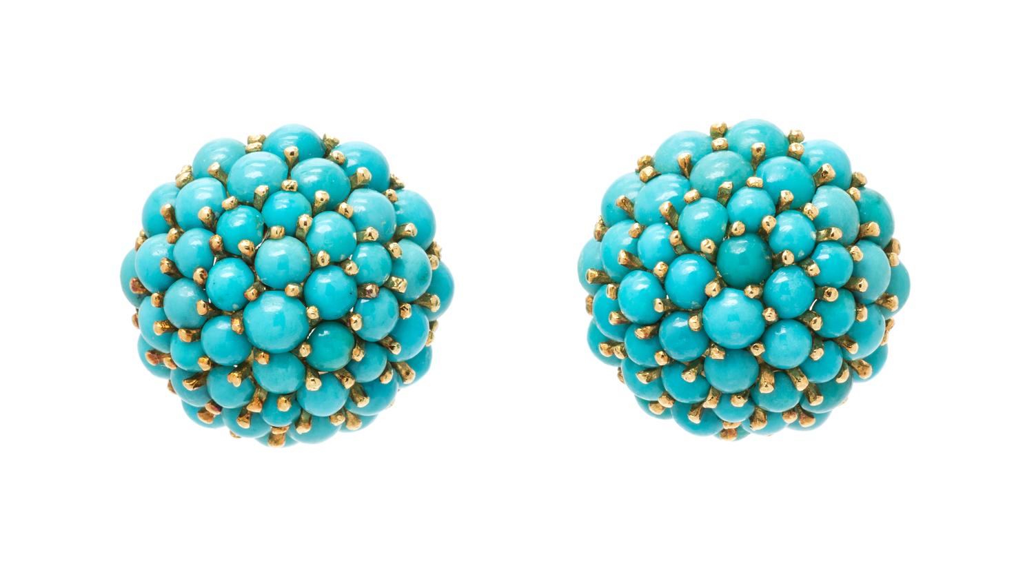 A Pair of 18 Karat Yellow Gold and Turquoise Earclips, Italian, 10.10 dwts.