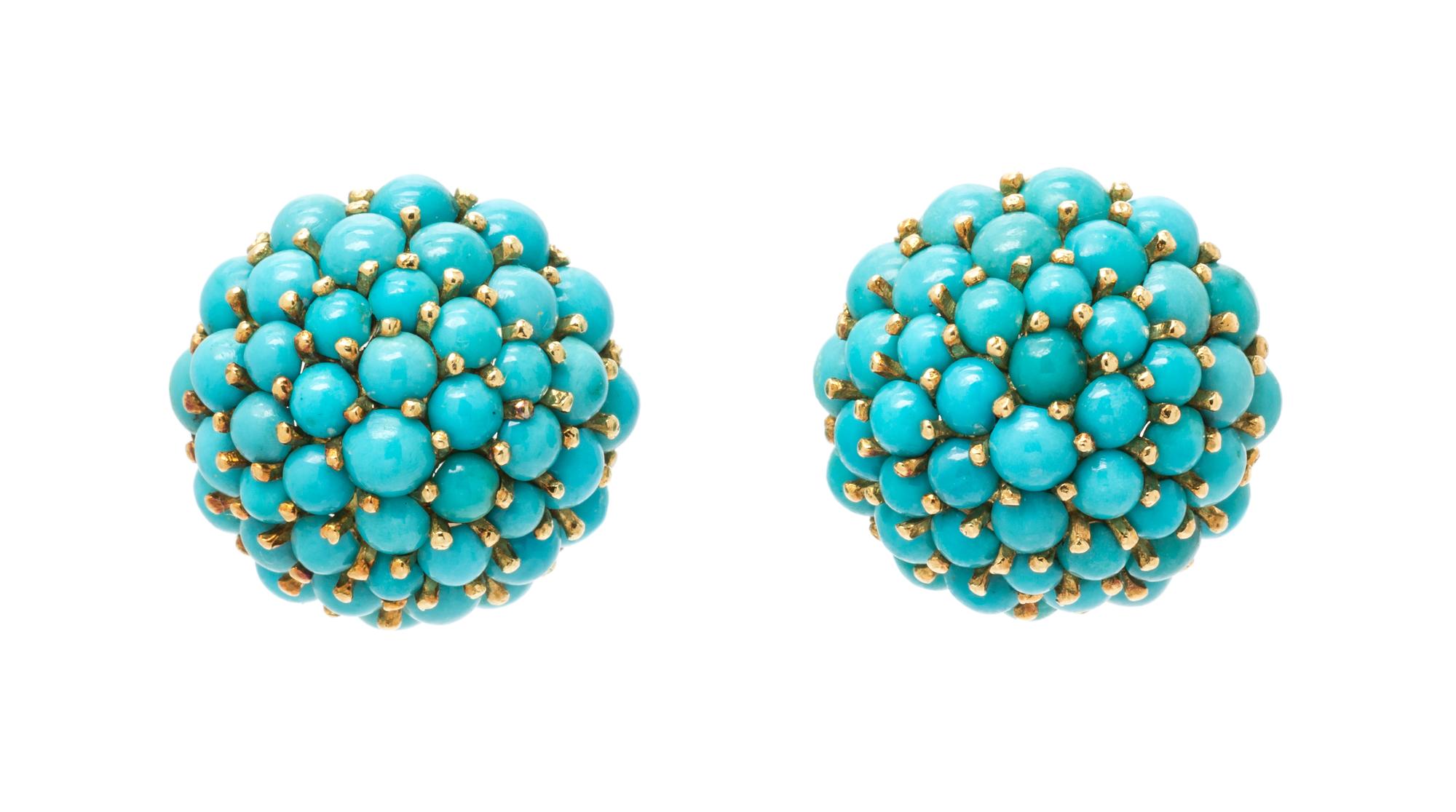 A Pair of 18 Karat Yellow Gold and Turquoise Earclips, Italian, 10.10 dwts.