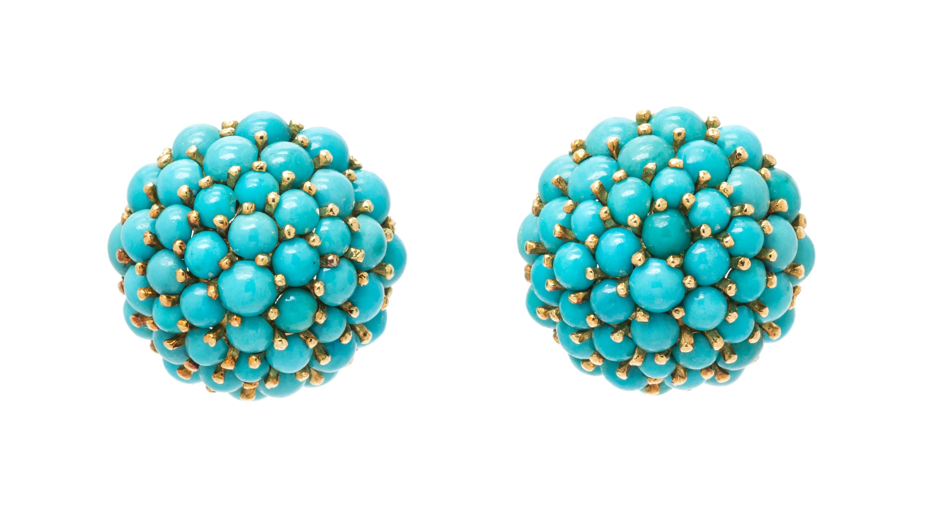 A Pair of 18 Karat Yellow Gold and Turquoise Earclips, Italian, 10.10 dwts.