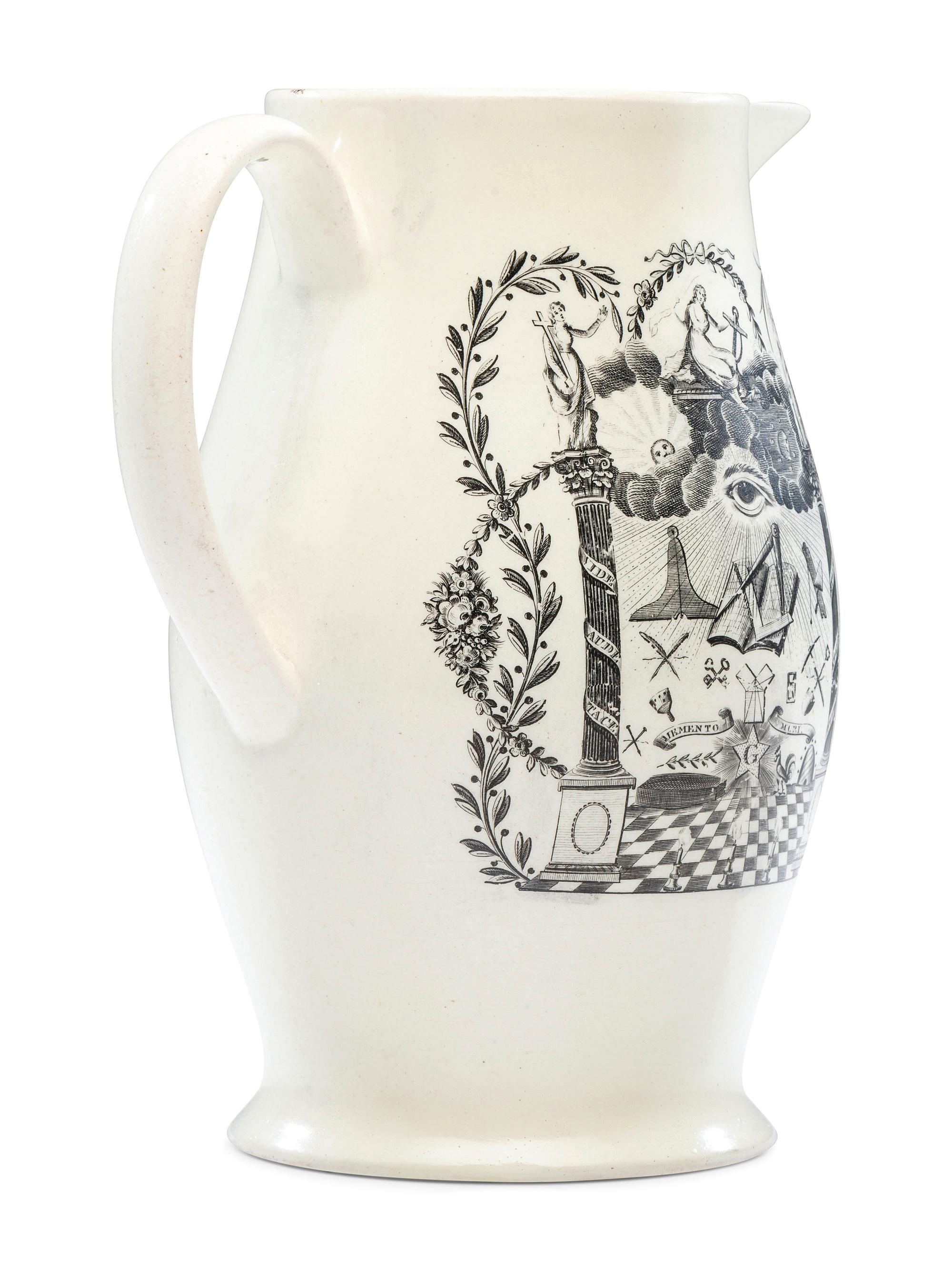 A Rare Liverpool Transfer-Printed Creamware 'John Adams' Pitcher with Masonic Decoration
