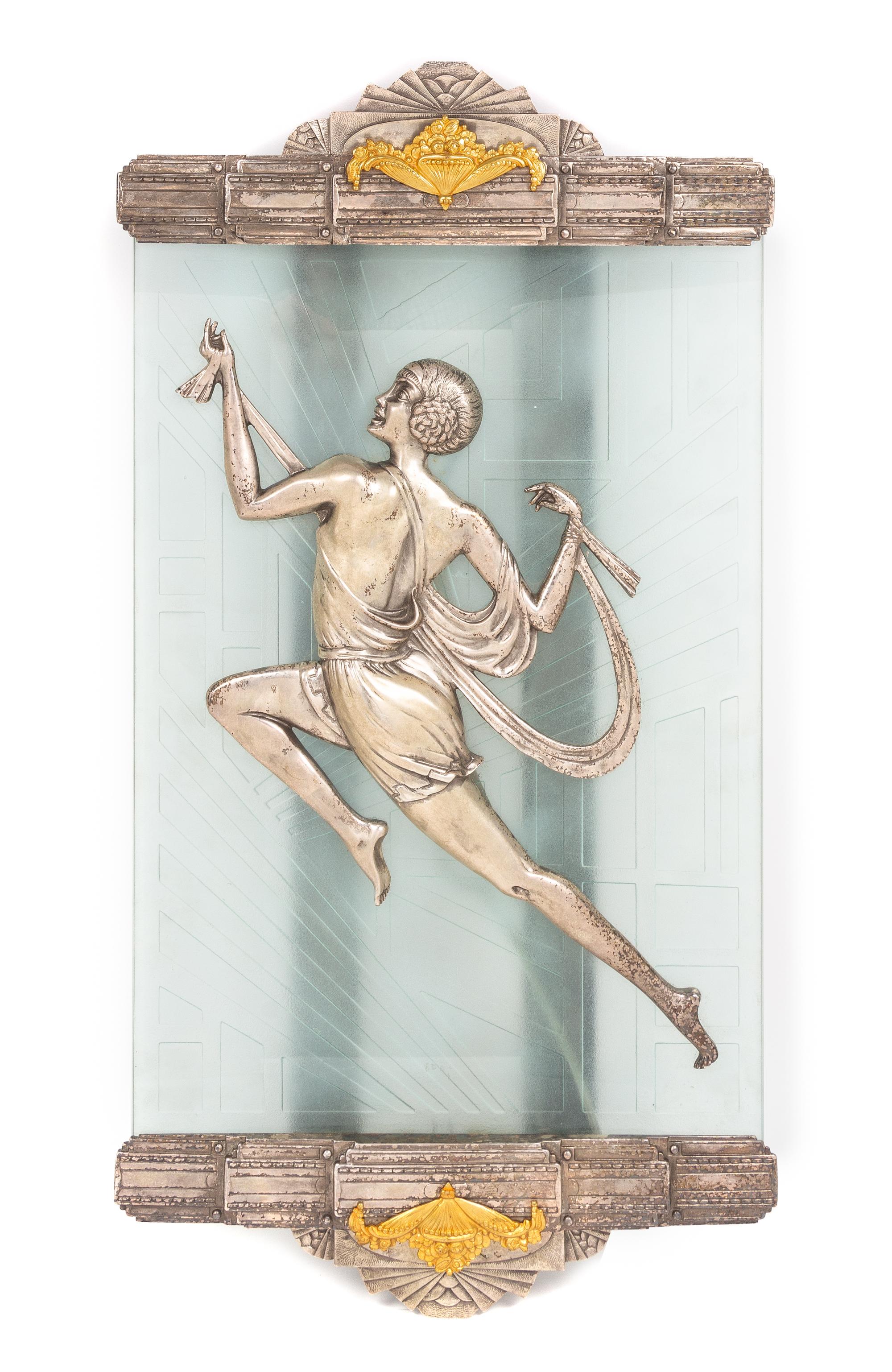 A Pair of Art Deco Style Silver, Gilt Bronze and Etched Glass Wall Sconces Height 30 1/2 x width 16 1/4 inches. — AFTER AFFORTUNATO GORI, 20TH CENTURY
