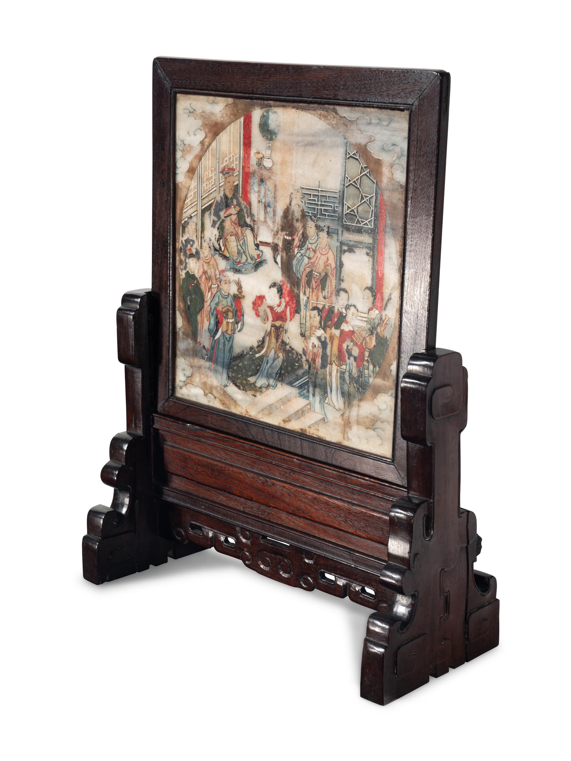 A Chinese Painted Dream Stone Inset Wood Table Screen