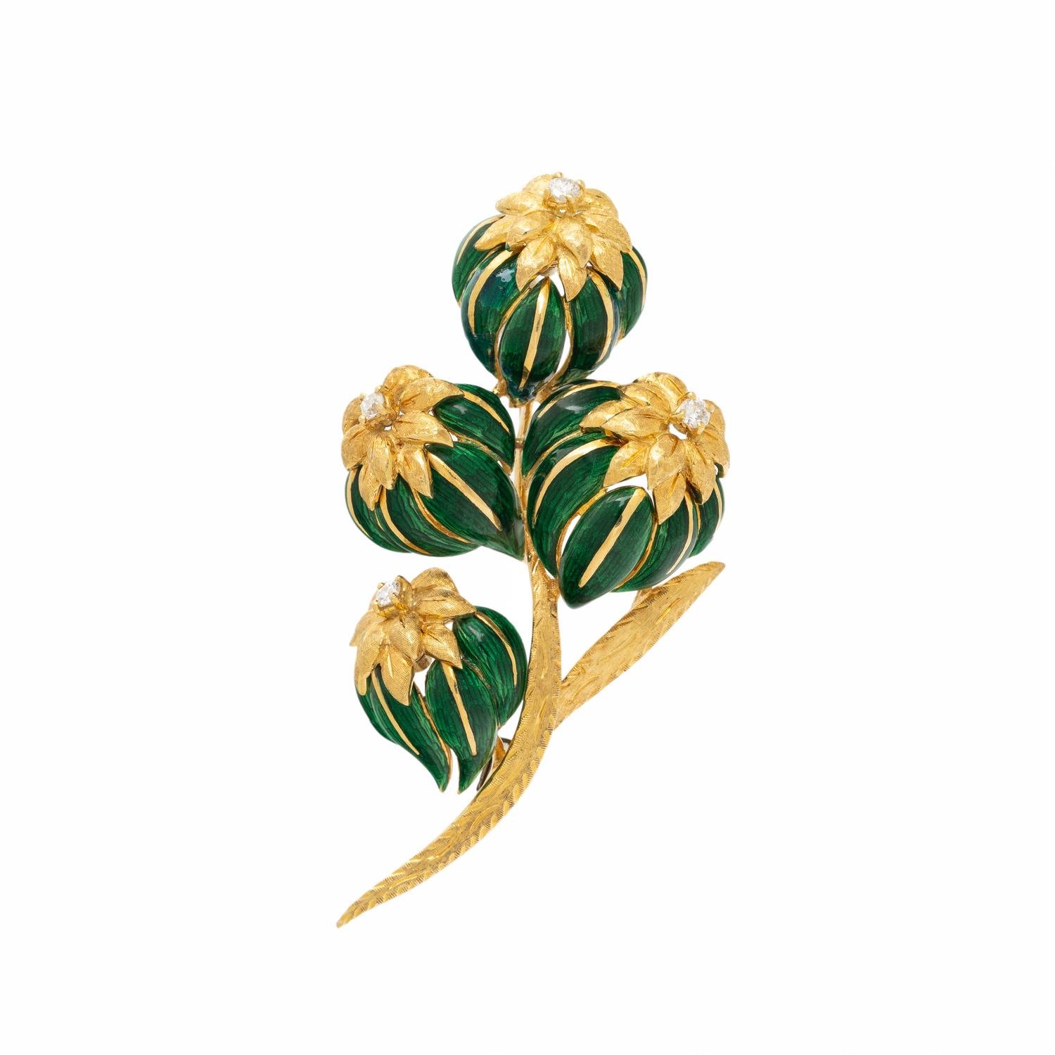 YELLOW GOLD, ENAMEL, AND DIAMOND FOLIATE BROOCH