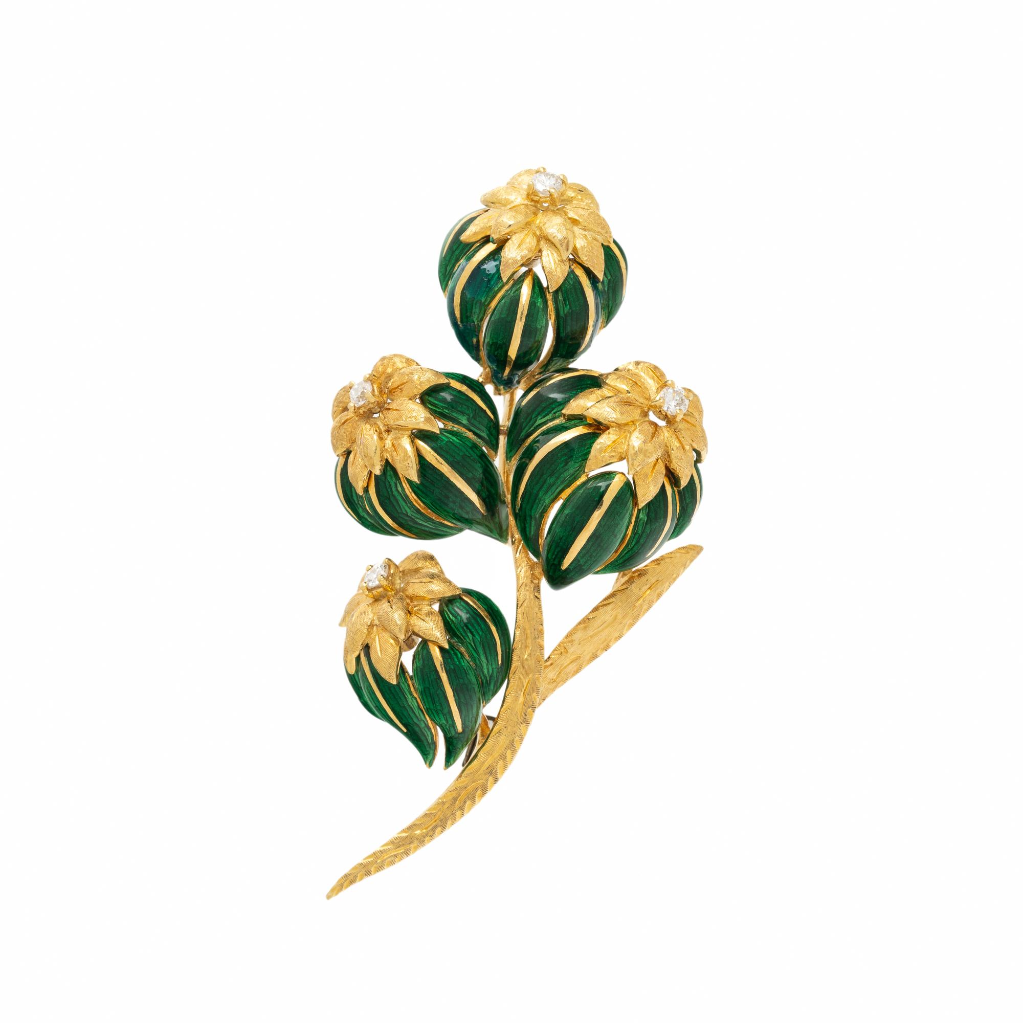 YELLOW GOLD, ENAMEL, AND DIAMOND FOLIATE BROOCH