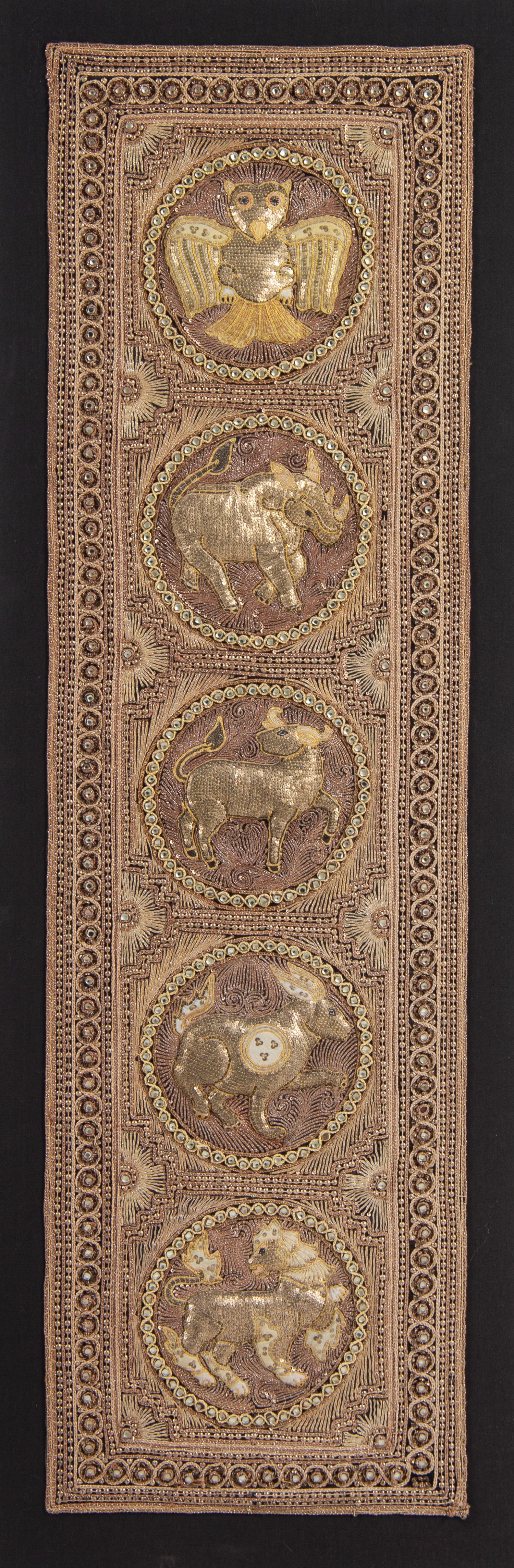 Two Burmese Metallic Thread-Embroidered Tapestry Panels