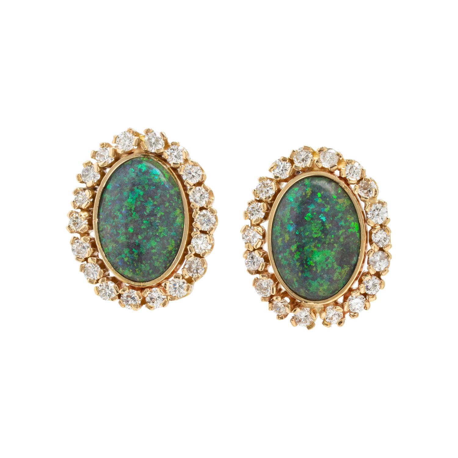 Opal, Diamond, and Yellow Gold Earrings