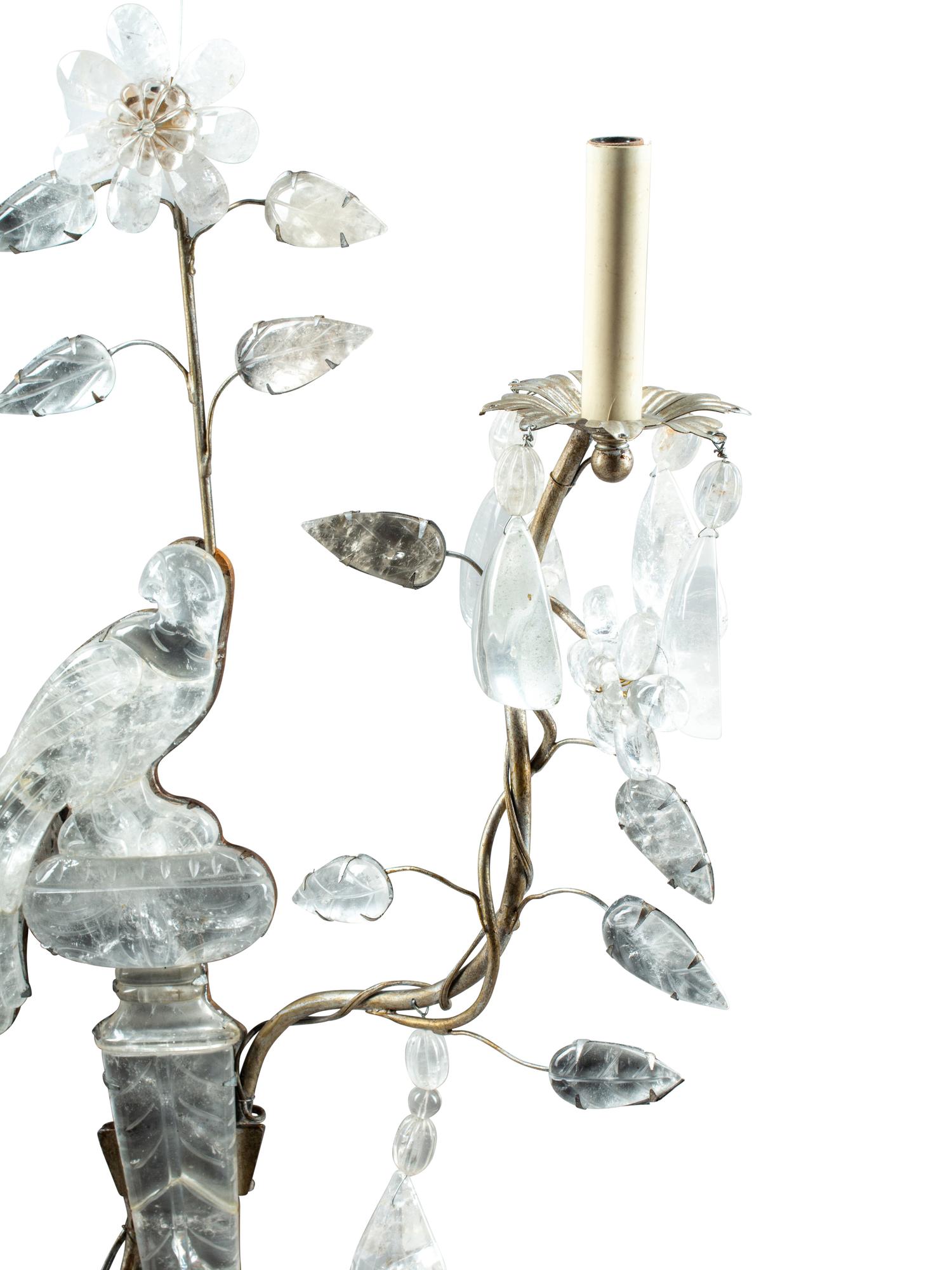 A Pair of Silvered Metal and Rock Crystal Two-Light Sconces in the Style of Maison Baguès