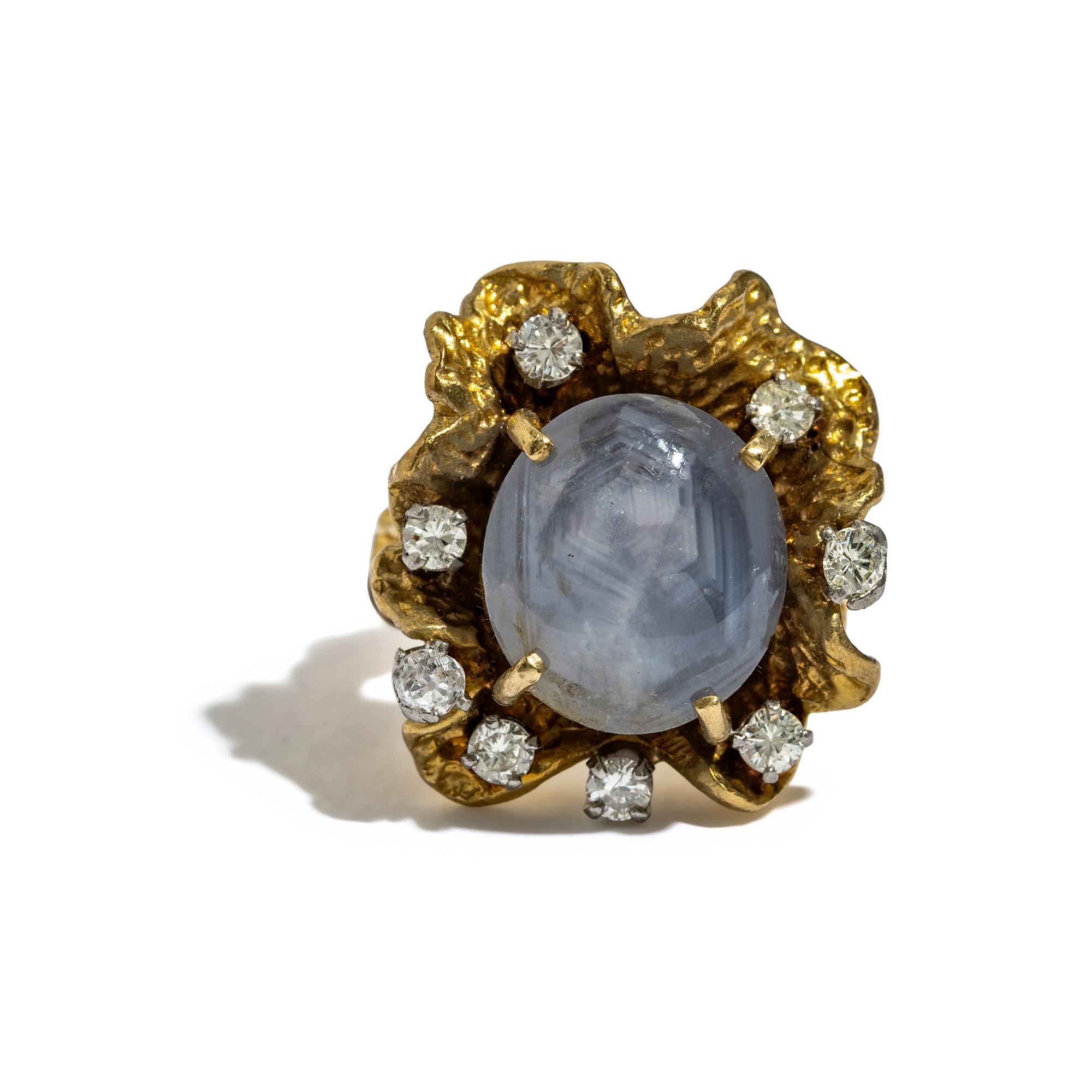 YELLOW GOLD, STAR SAPPHIRE, AND DIAMOND RING