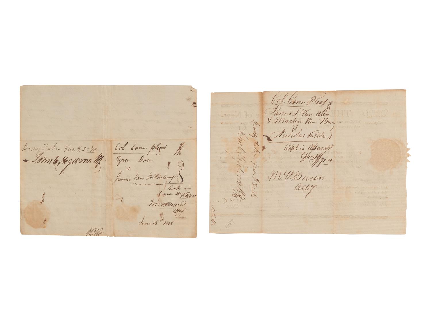 [BUREN, MARTIN VAN (1782-1862)]. 2 legal documents including an ADS by Van Buren as an attorney. 1808-1809.