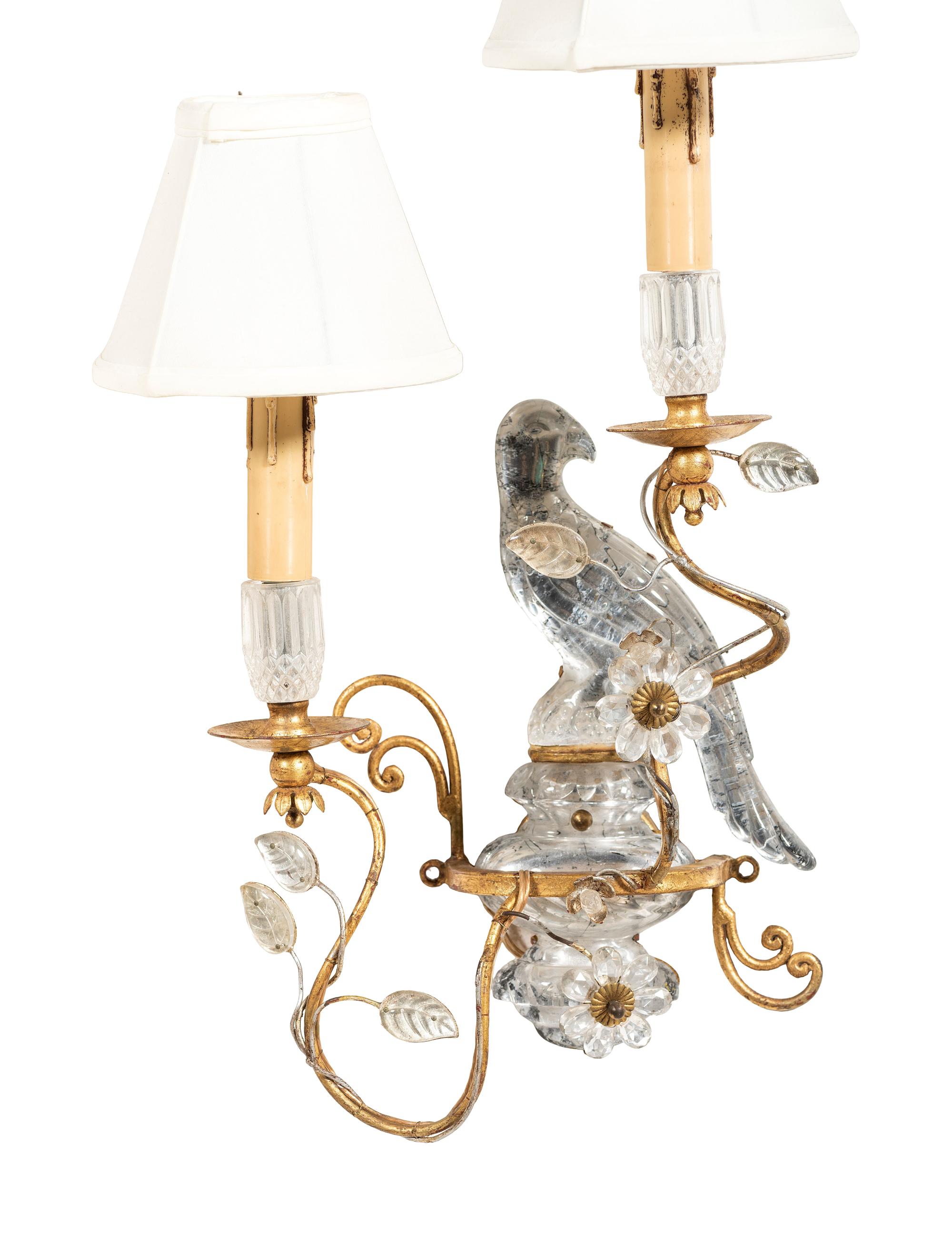 A Pair of Maison Baguès Gilt Metal and Glass Two-Light Parrot and Urn Sconces