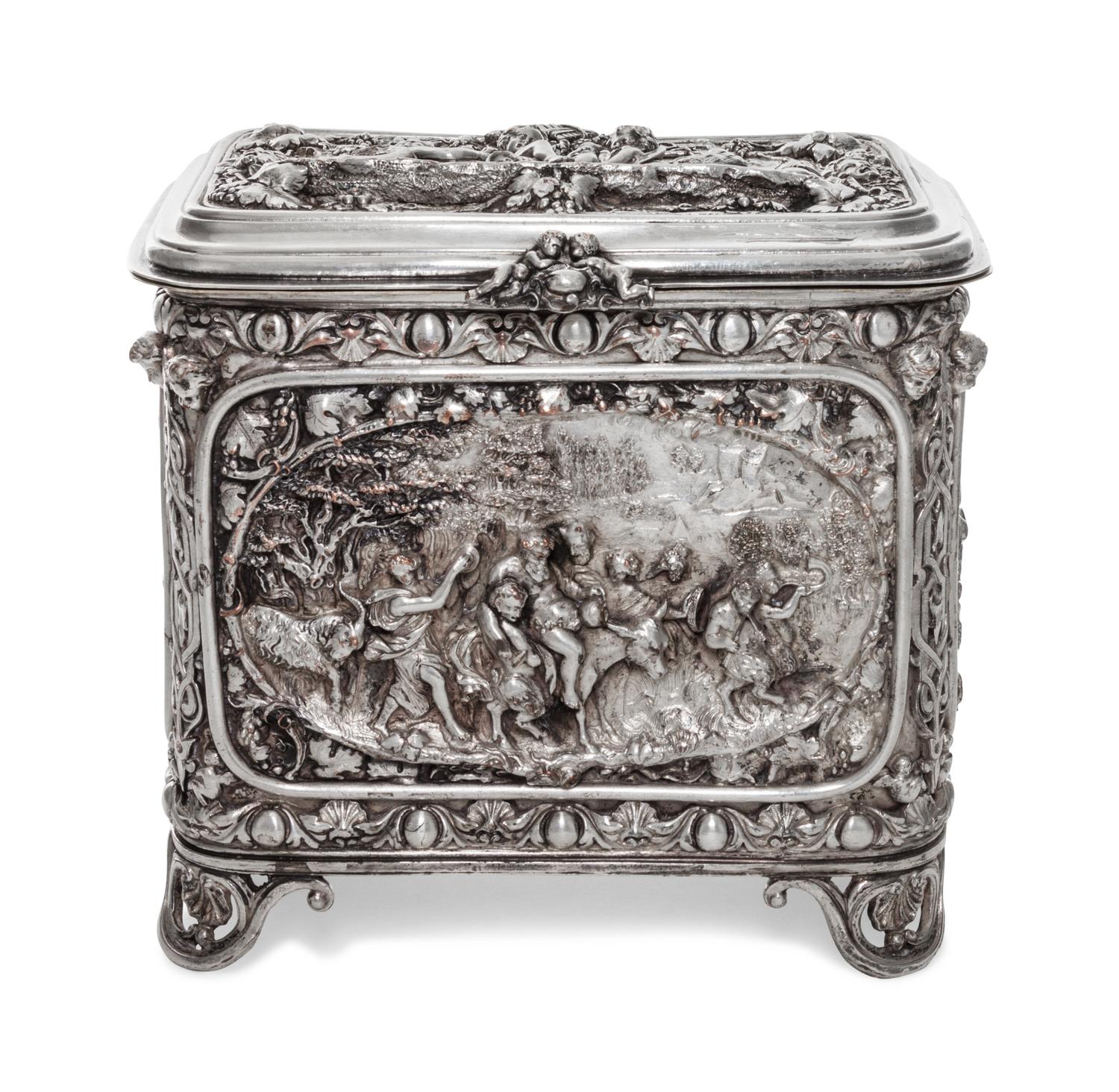 A Continental Silver-Plate Table Casket, 19th/20th Century, of rectangular form, decorated with Bacchic processions.
