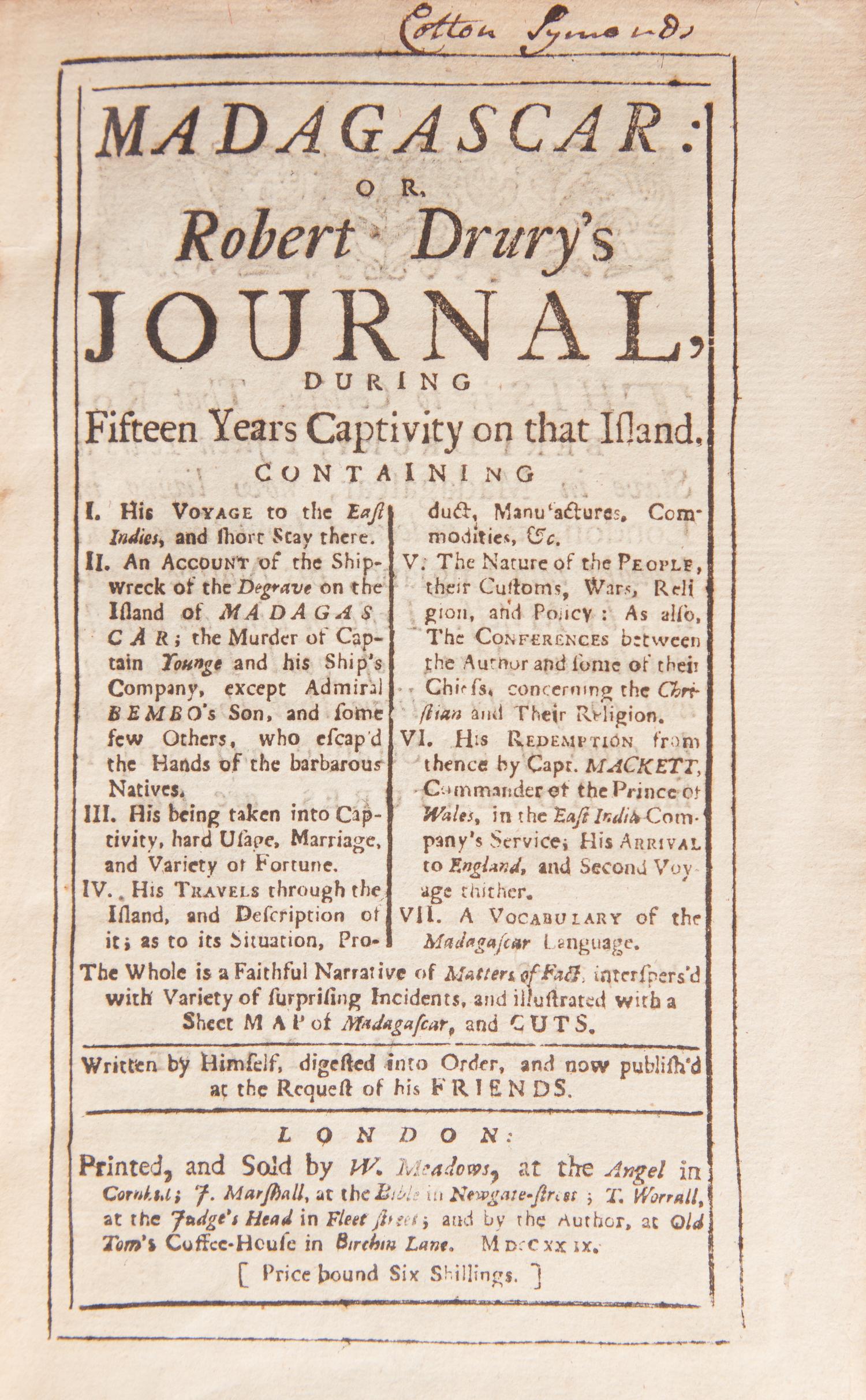 [Literature] [Defoe, Daniel] Drury, Robert. Madagascar: Or, Robert Drury's Journal, During Fifteen Years Captivity on that Island...