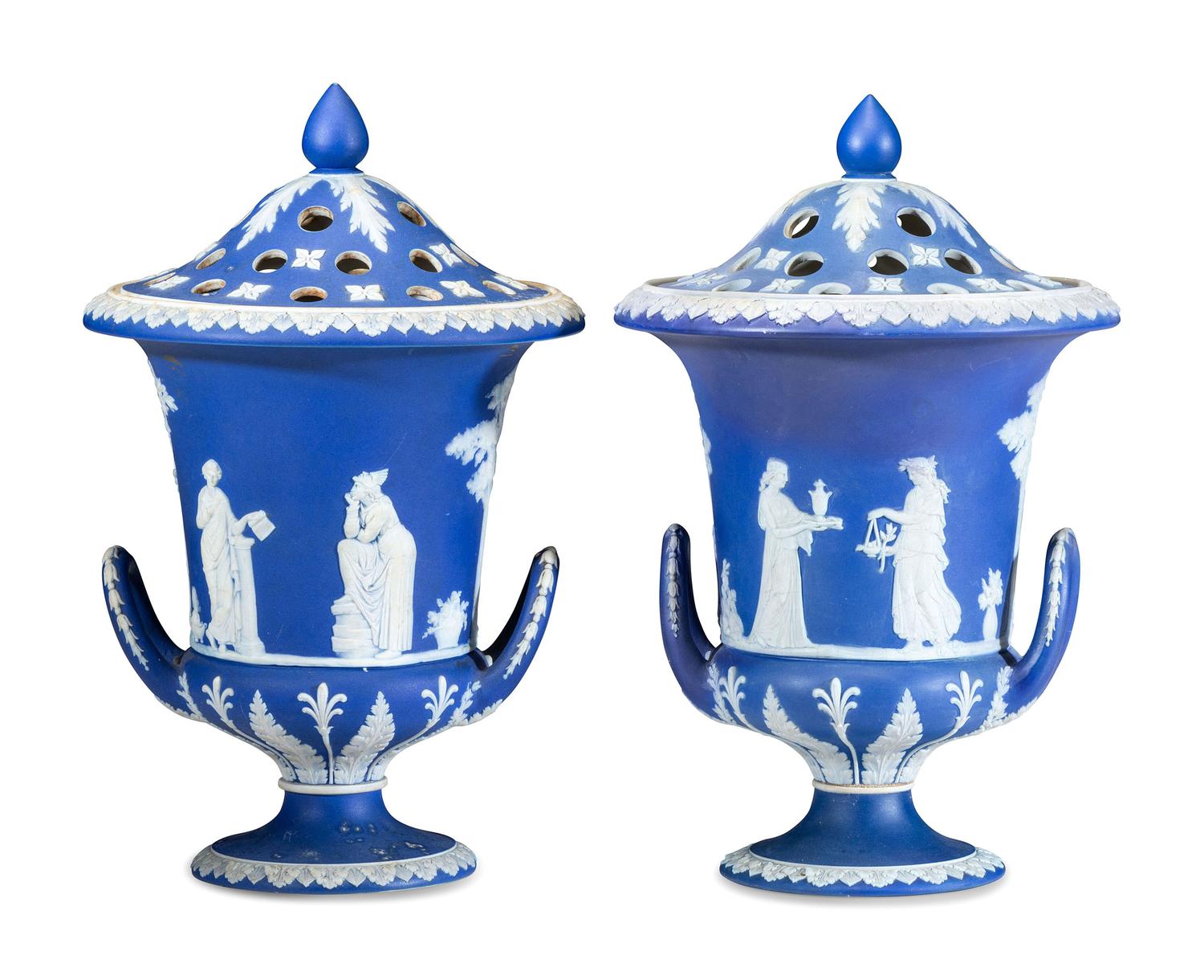 A Pair of Wedgwood Jasperware Flower Urns