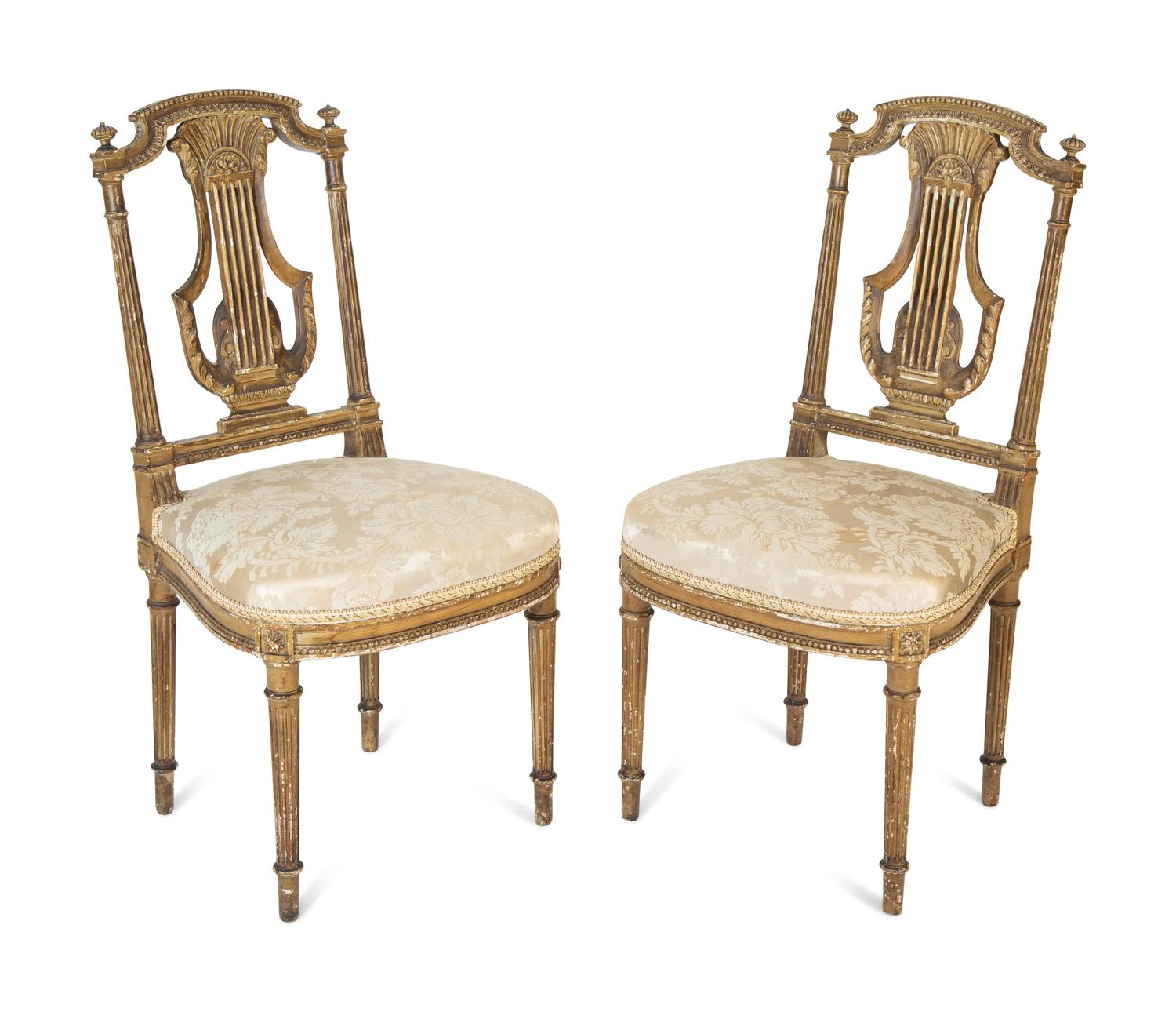 A Pair of Louis XVI Style Giltwood Lyre-Back Side Chairs — 19TH CENTURY