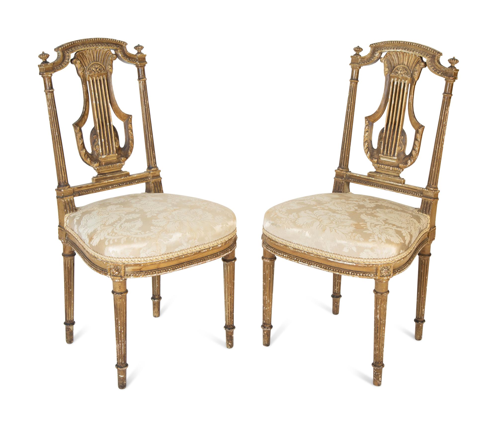 A Pair of Louis XVI Style Giltwood Lyre-Back Side Chairs — 19TH CENTURY