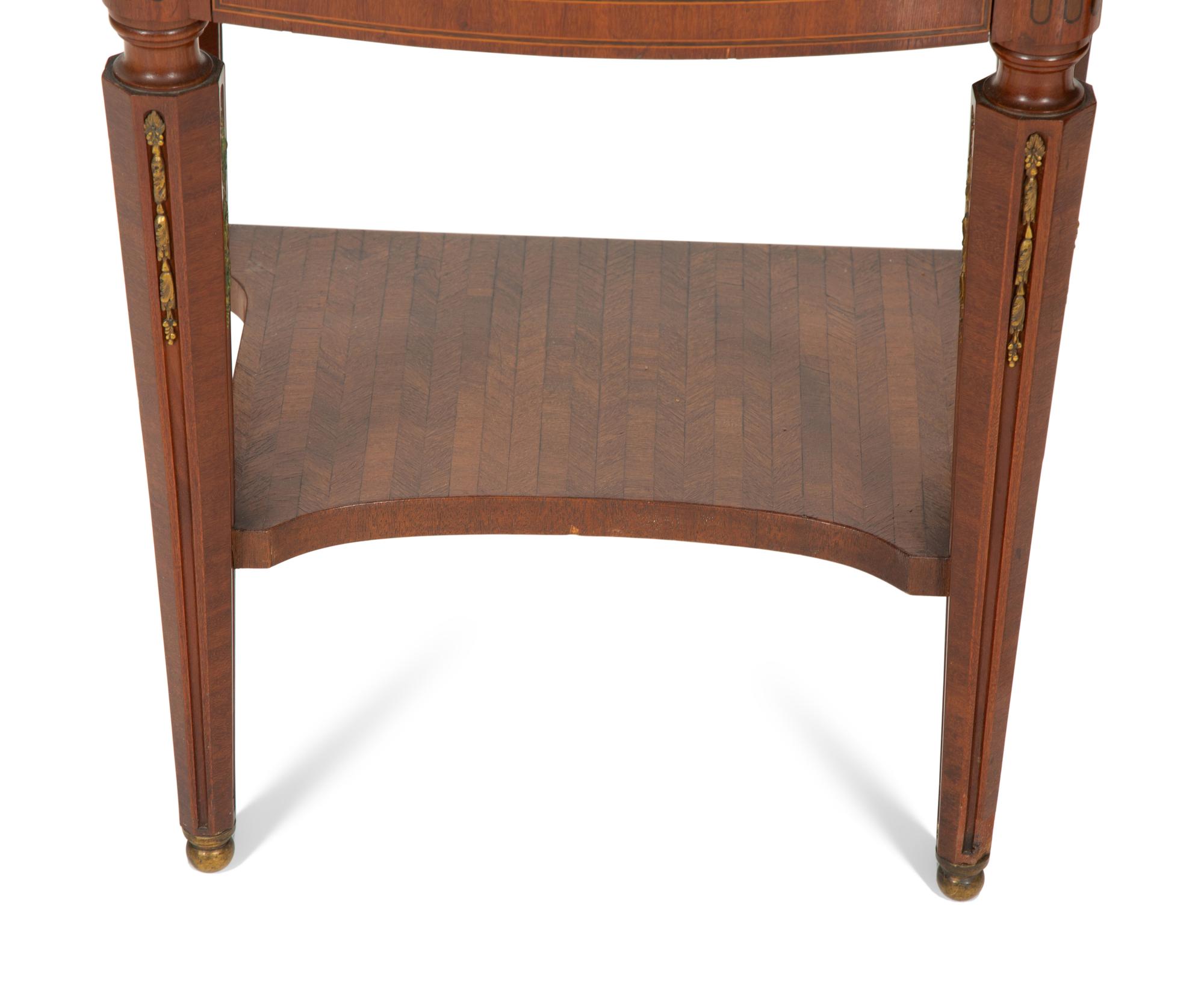 A Pair of Italian Gilt Metal Mounted Fruitwood Commodini with Marble Tops