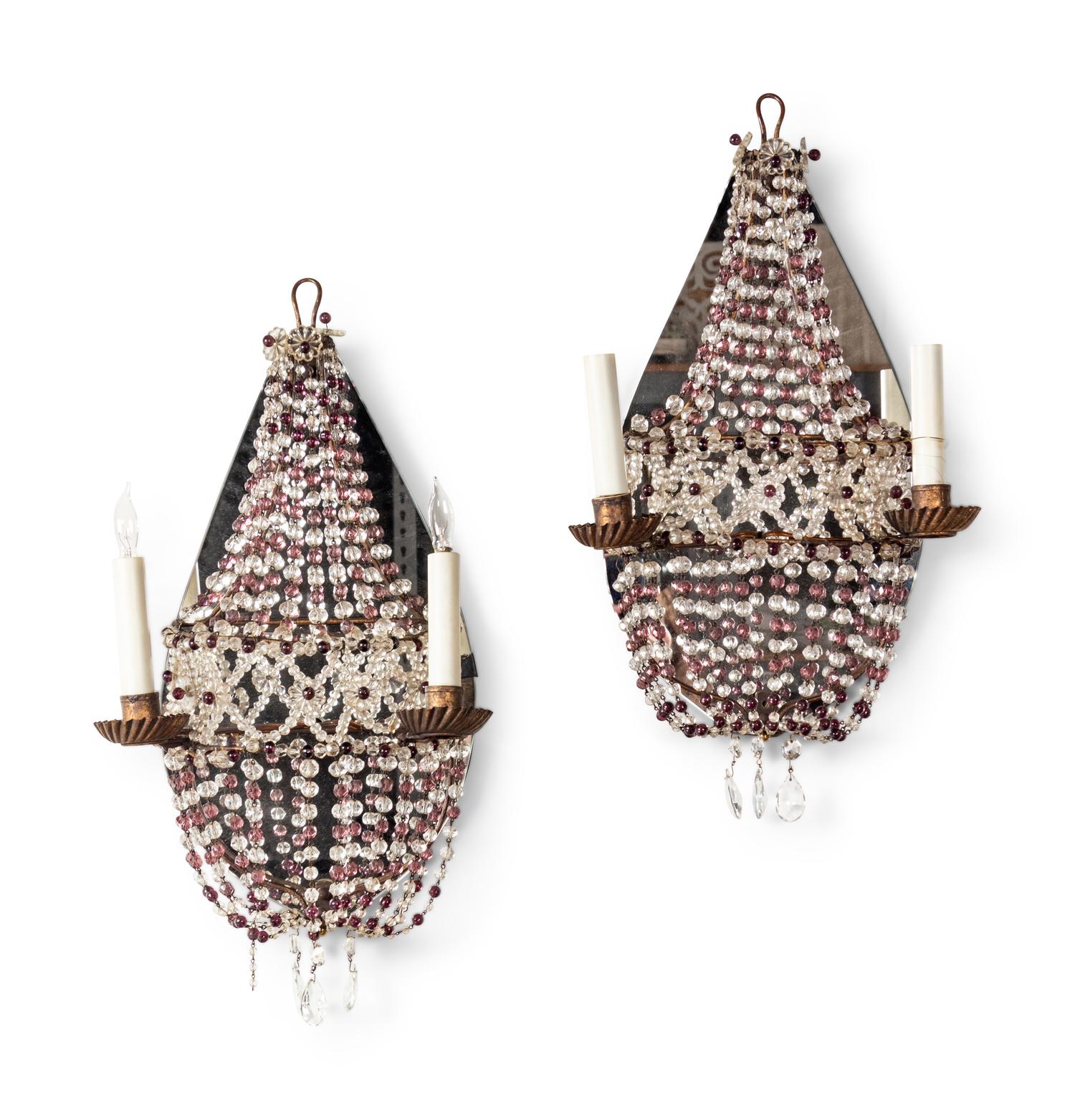 A Pair of Italian Gilt Metal Beaded Two-Light Sconces