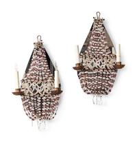 A Pair of Italian Gilt Metal Beaded Two-Light Sconces