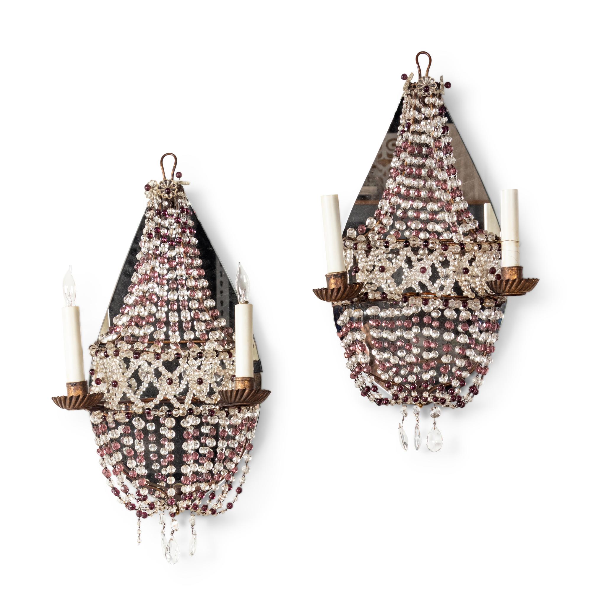A Pair of Italian Gilt Metal Beaded Two-Light Sconces