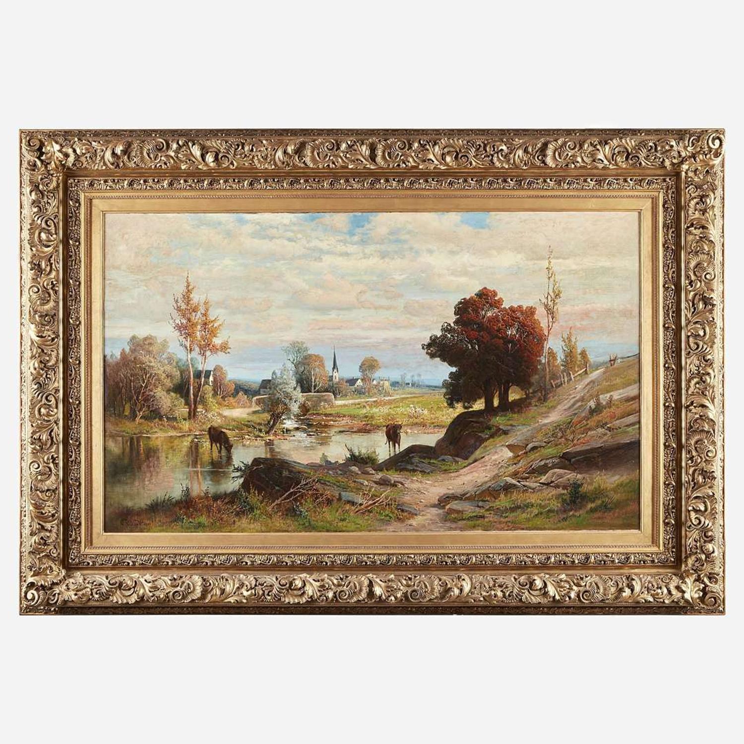 Carl Philipp Weber (American, 1850-1921) Landscape with Cows Watering and Town in Background