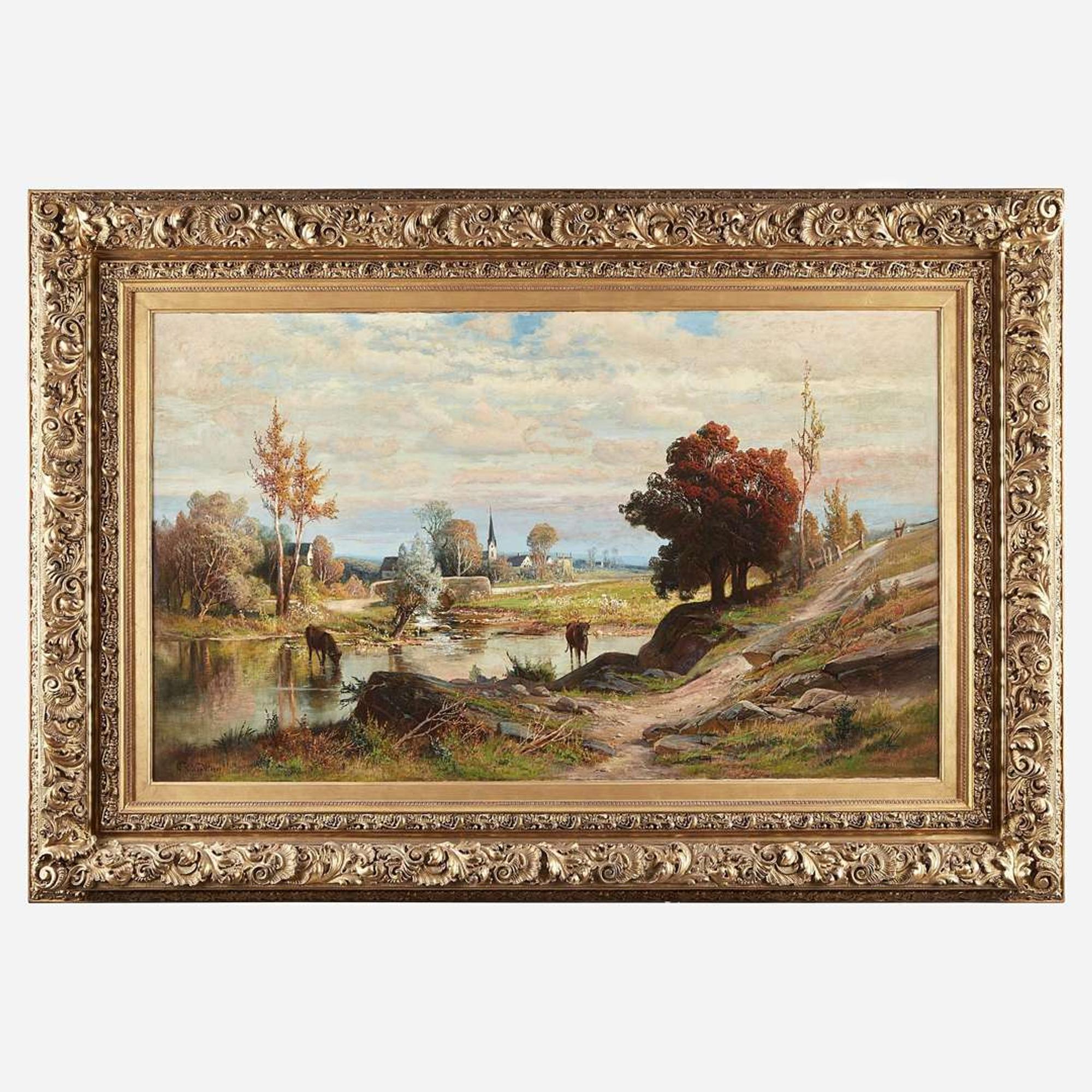 Carl Philipp Weber (American, 1850-1921) Landscape with Cows Watering and Town in Background