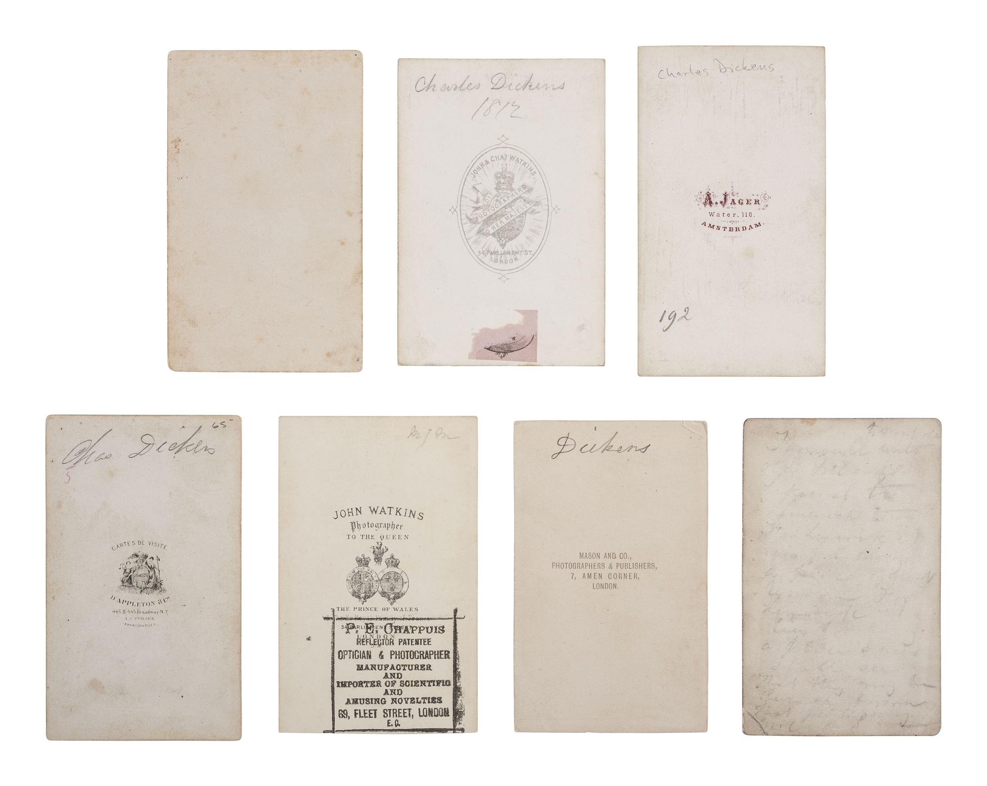 DICKENS, Charles (1812-1870). A group of 8 cartes de visite and an Autograph Sentiment Signed ("Charles Dickens").