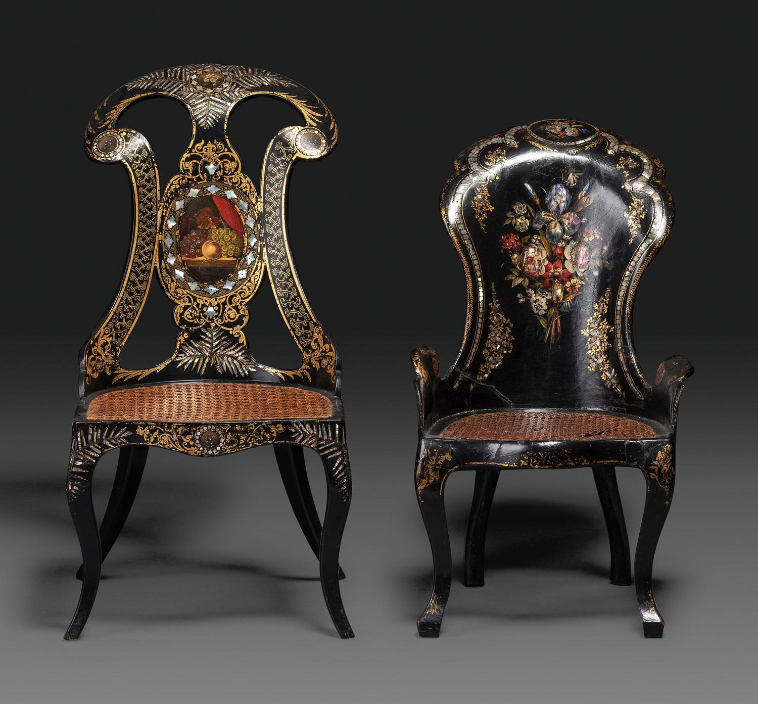 Two Victorian Black Lacquered Parcel-Gilt and Mother-of-Pearl Inlaid Cane Upholstered Slipper Chairs