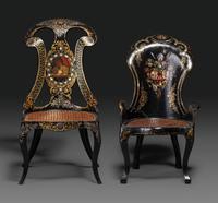Two Victorian Black Lacquered Parcel-Gilt and Mother-of-Pearl Inlaid Cane Upholstered Slipper Chairs