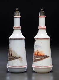 A Pair of Hand Painted Personalized Milk Glass Barber's Bottles