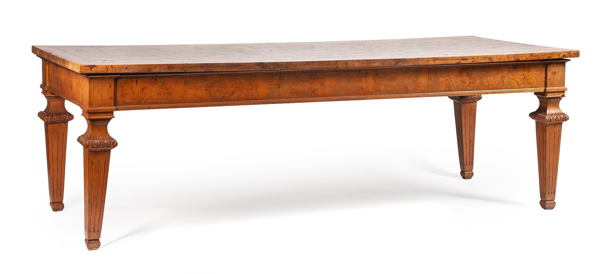 An Italian Neoclassical Burlwood Dining Table Height 31 1/2 x length 99 x depth 39 1/2 inches. — LATE 19TH/EARLY 20TH CENTURY