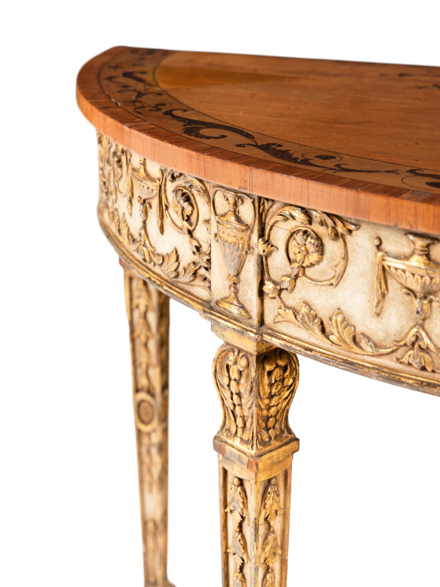 A Pair of George III Style Satinwood, Marquetry, Painted, and Parcel Gilt Demilune Console Tables