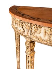 A Pair of George III Style Satinwood, Marquetry, Painted, and Parcel Gilt Demilune Console Tables