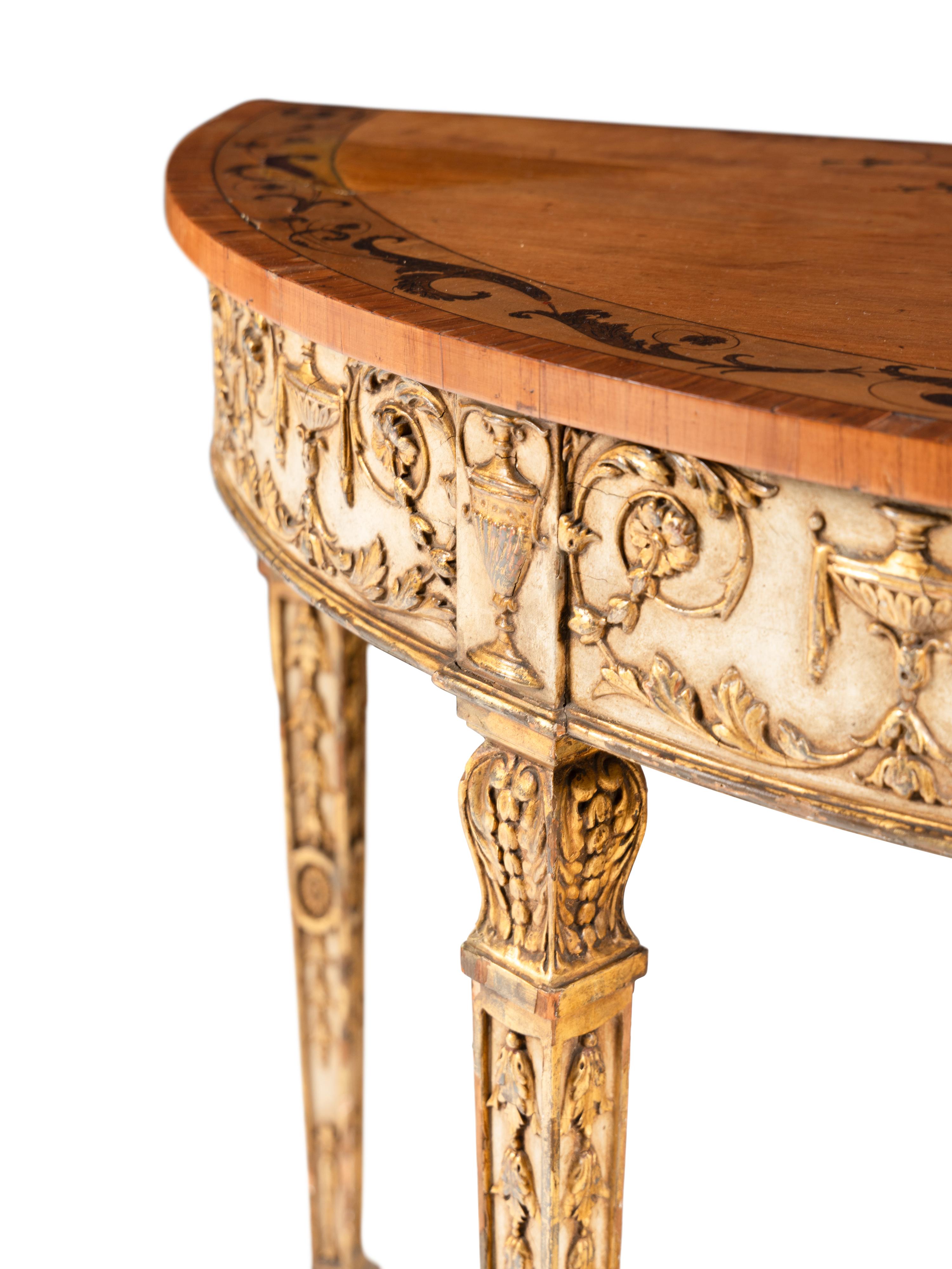 A Pair of George III Style Satinwood, Marquetry, Painted, and Parcel Gilt Demilune Console Tables