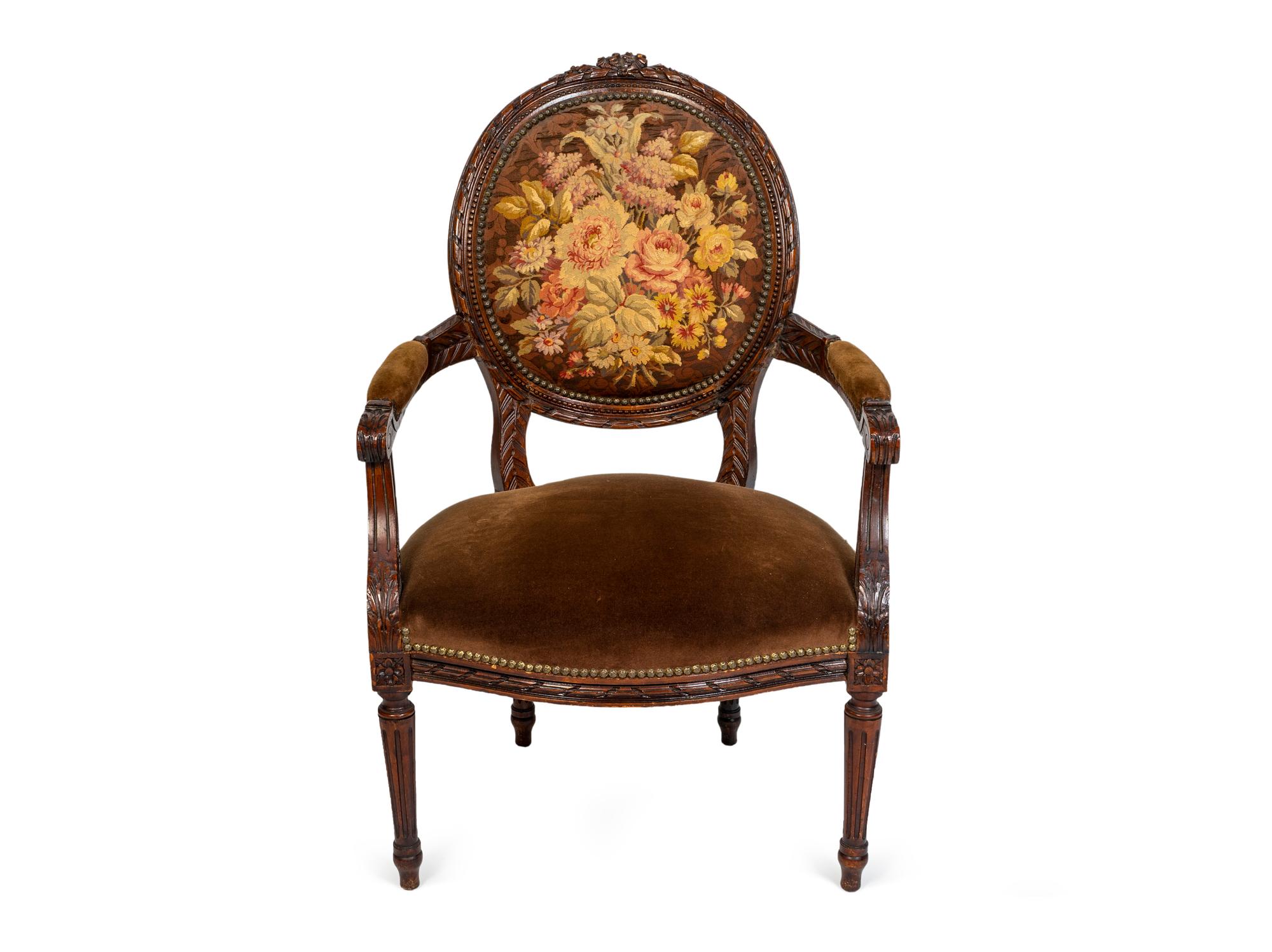 A Louis XVI Style Needlepoint-Upholstered Fauteuil en Cabriolet — 19TH CENTURY