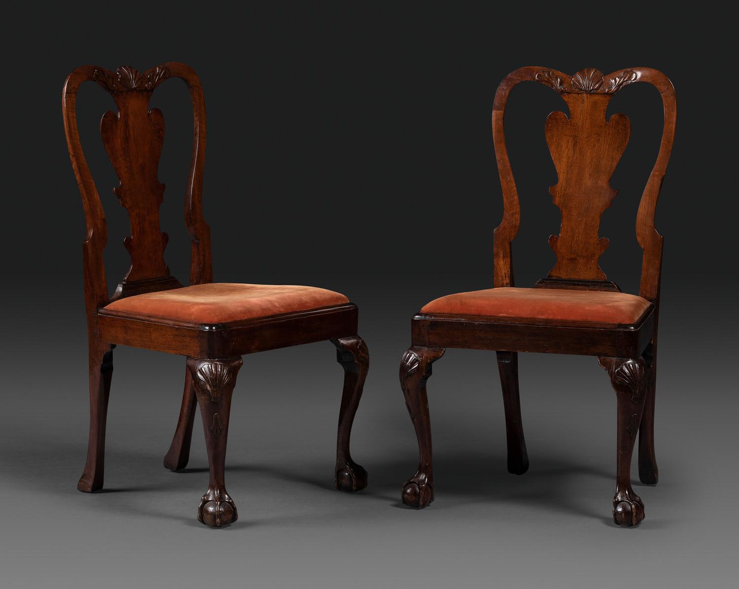 A Pair of Queen Anne Shell Carved Mahogany Side Chairs