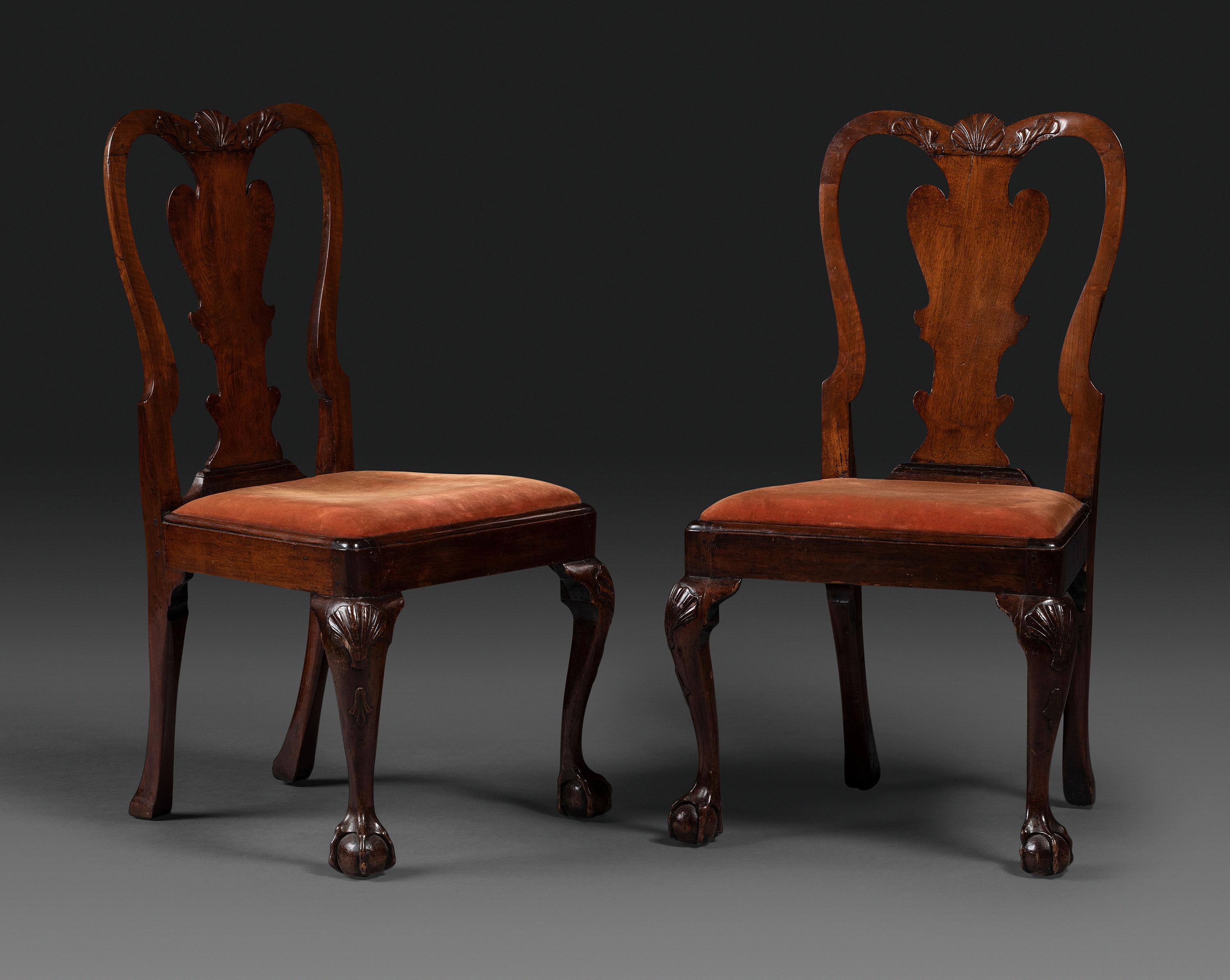 A Pair of Queen Anne Shell Carved Mahogany Side Chairs
