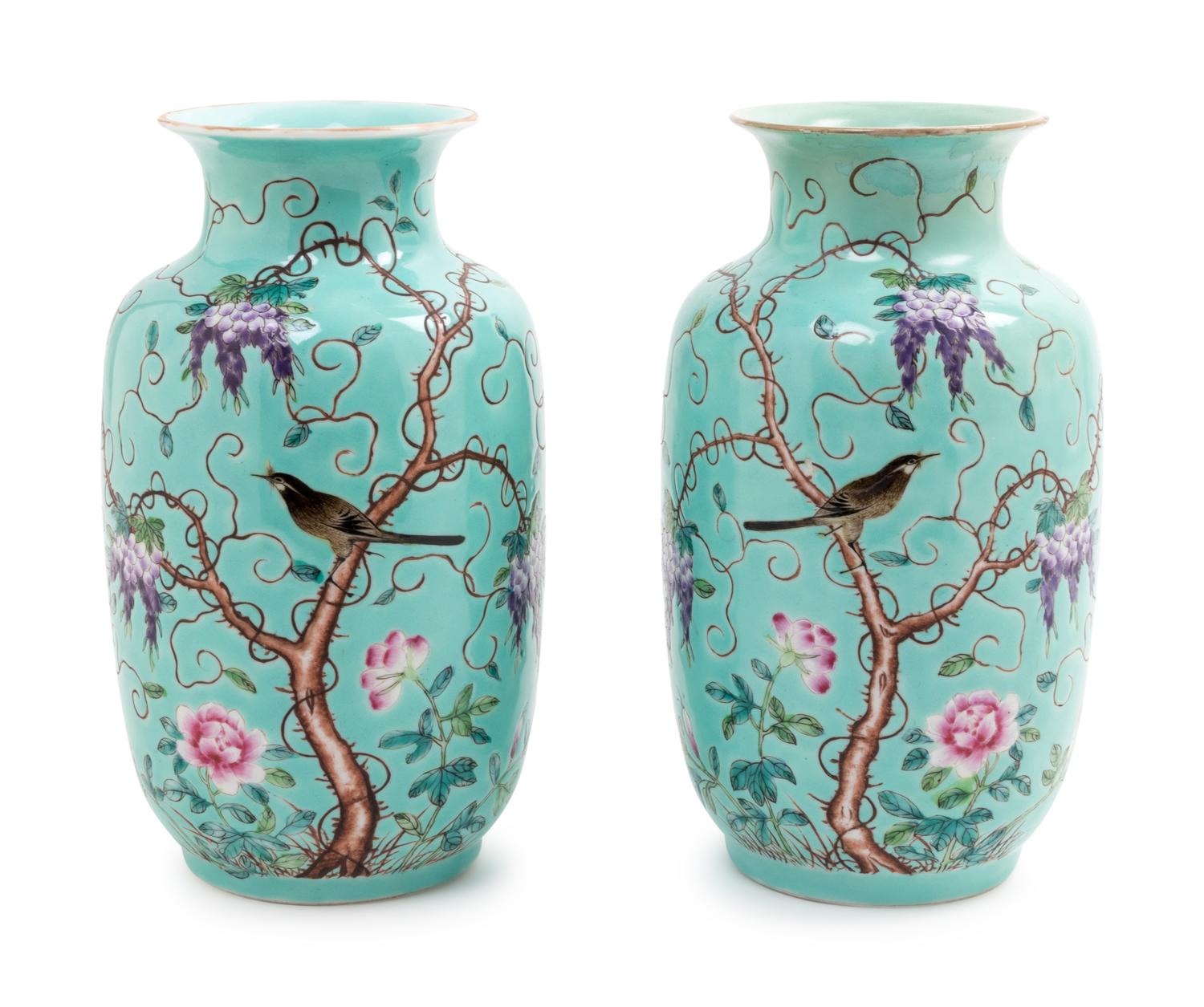 A Pair of Turquoise Ground Famille Rose Vases